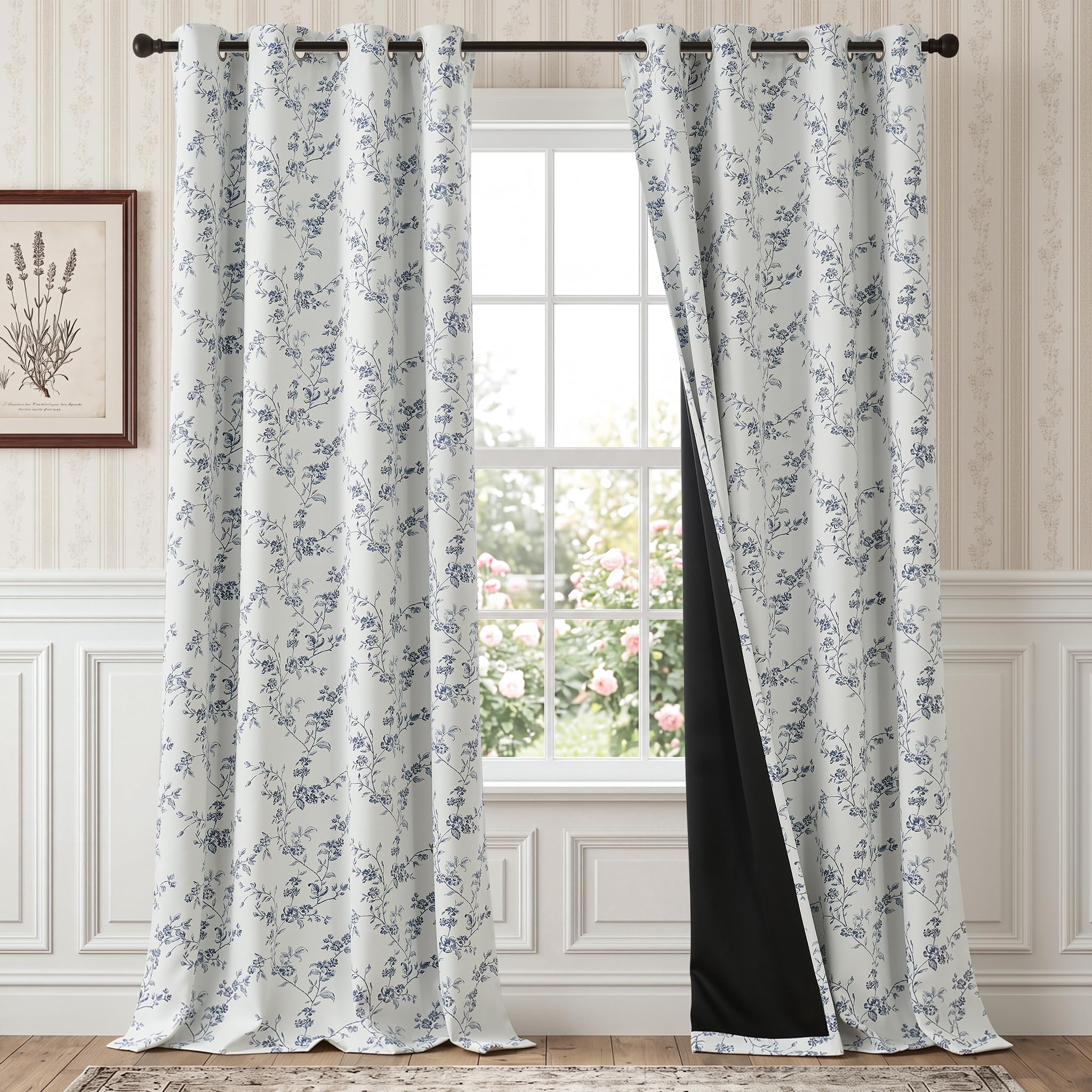 TOPICK 100% Blackout Vintage Floral Curtains for Bedroom W52xL90 Navy Blue