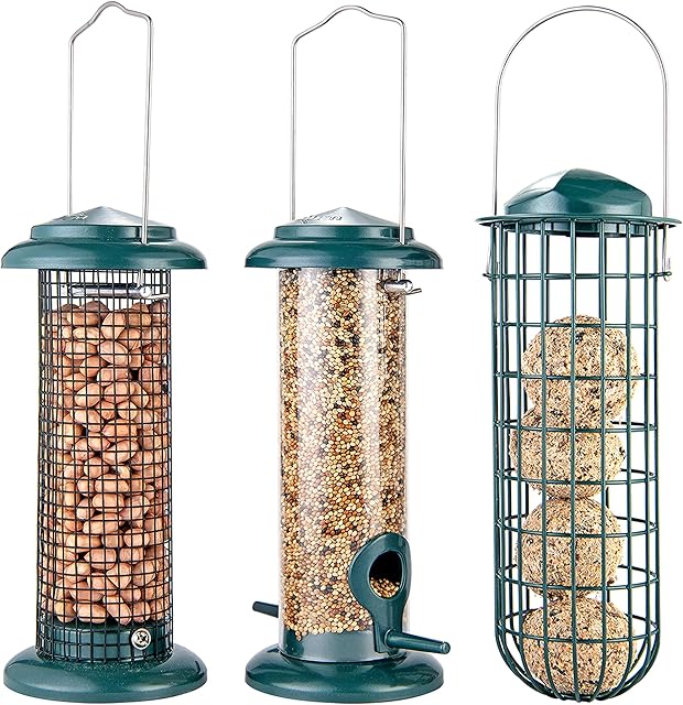 iBorn Metal Bird Feeder Hanging Wild Bird Seed Feeder for Mix Seed Blends, Niger Seed Feeder, Sunflower Heart, Birdbath, Heavy Duty All Metal Green Finishing, Green 8 Inch ( Pack of 3)
