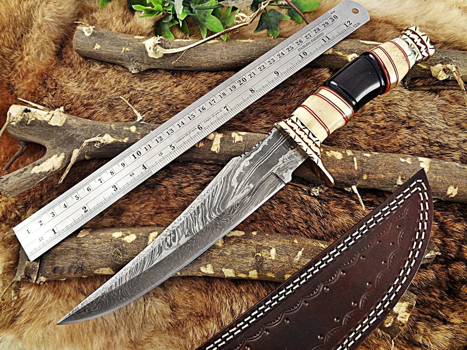 13.5" Long hand forged Damascus steel Hunting Knife, Camel bone, Bull horn and engraved brass round scale, Cow hide Leather sheath
