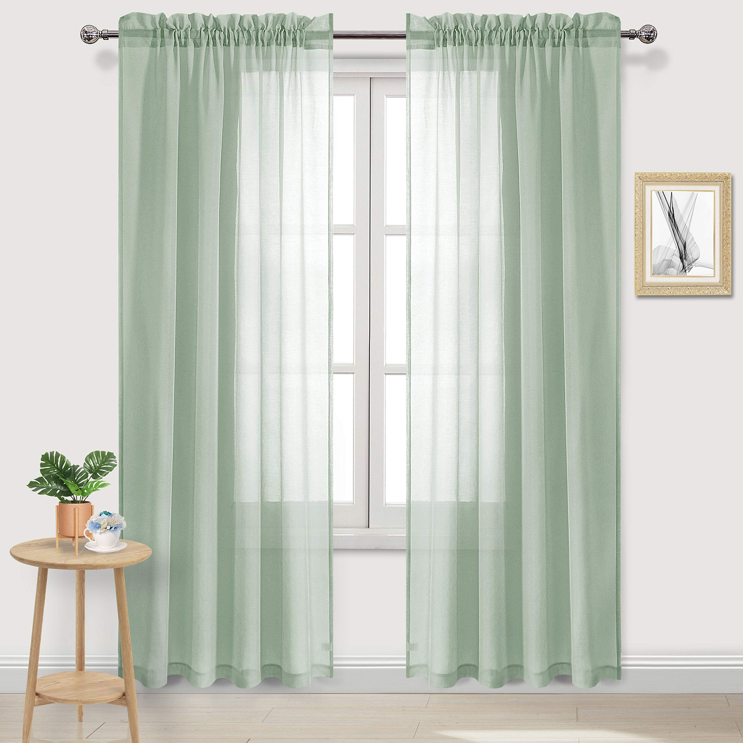 DWCN Bean Green Sheer Curtains Semi Transparent Voile Rod Pocket Curtains for Bedroom and Living Room, 52 x 84 inches Long, Set of 2 Panels โ image 1