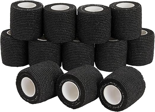 Juvale 12 Rolls Adhesive Bandage Wrap - 2 in x 5 Yds Cohesive Vet Wrap - Breathable Elastic Tape for Wrist, Sports, Tattoo, Swelling, and Injury - Black Athletic Tape