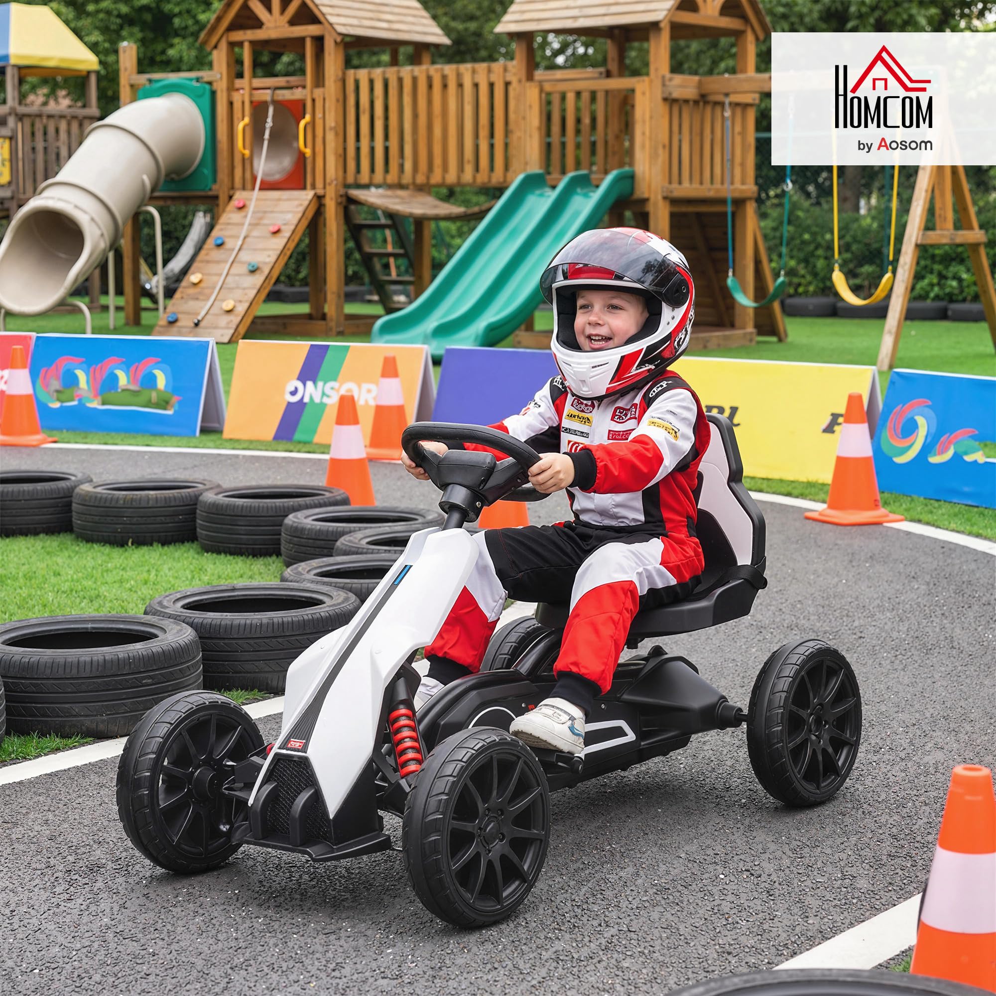 HOMCOM Kart électrique pour Enfant 12V - Vitesse 3-5km/h pour Enfants de 3 à 8 Ans - siège réglable Ceinture de sécurité et 5 Roues - Blanc