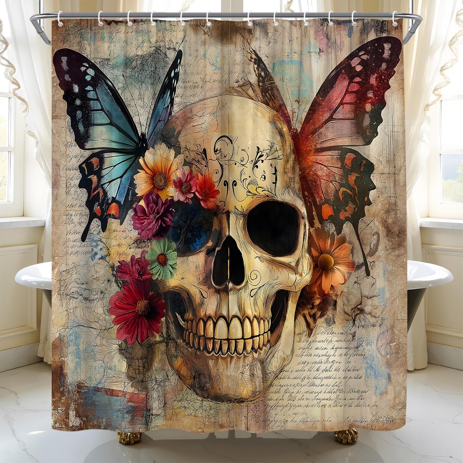 Sugar Skull Shower Curtain Gothic Skull Floral Halloween Vintage Flower Retro Watercolor Butterfly Spooky Skeleton Fabric Bathroom Curtain Decor Bath Set with Hooks(70" Wx96 H)