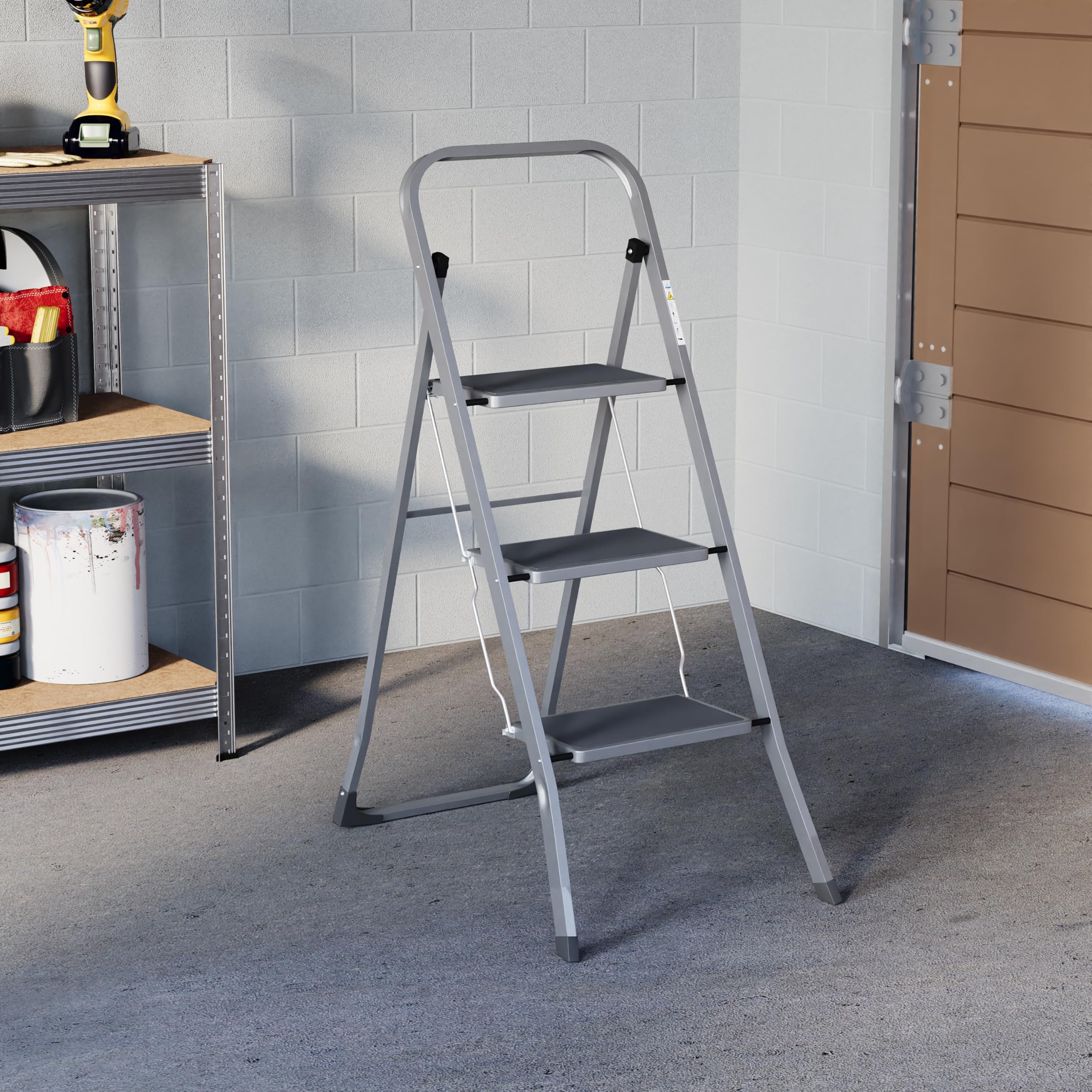 Home Vida Escalera de 3 peldaños – Escalera plegable de acero resistente con peldaños antideslizantes y anchos, mecanismo plegable, carga máxima de 150 kg, hogar, cocina, bricolaje, jardín, color gris
