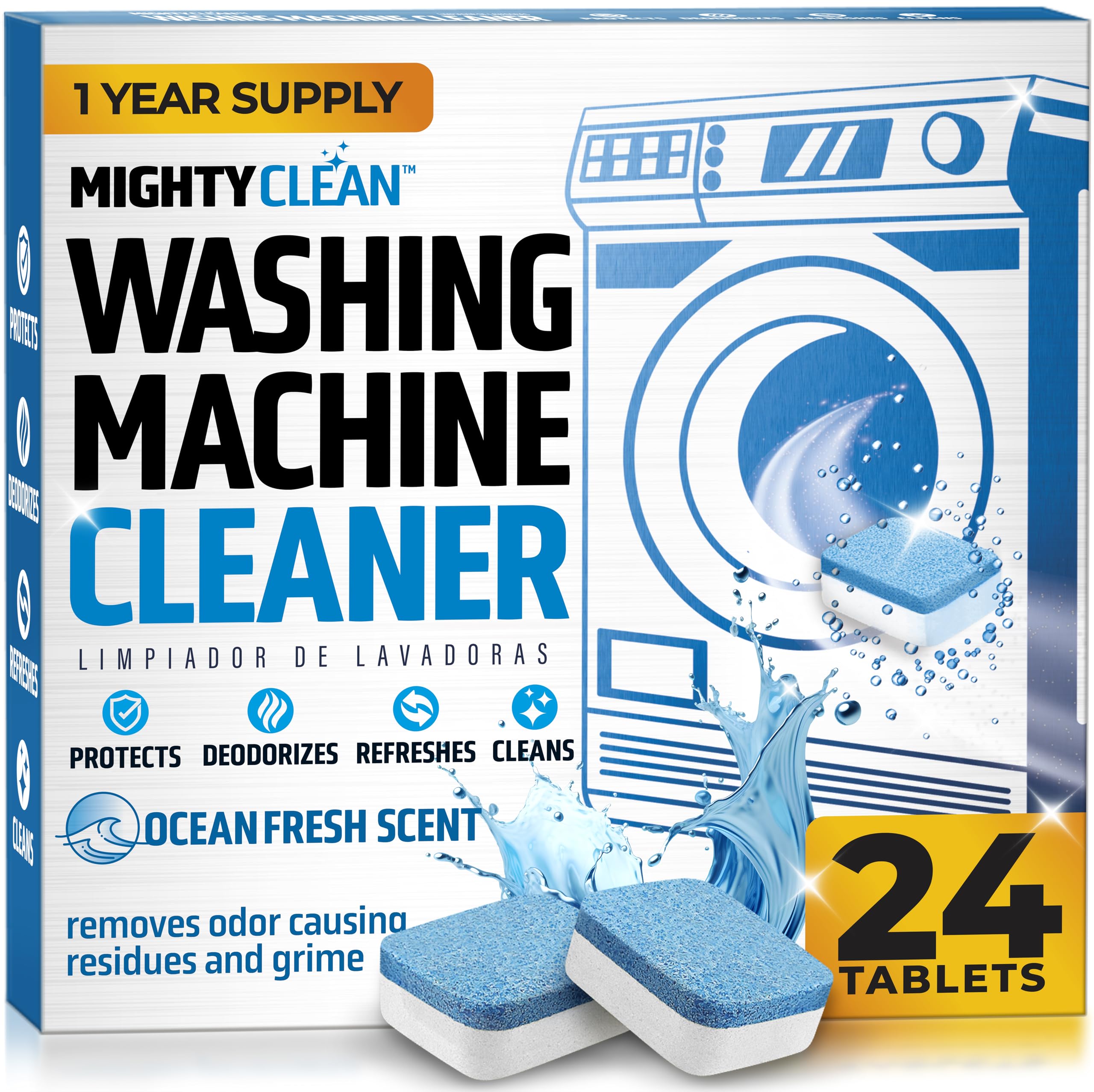 Washing Machine Cleaner Tablets 24 Pack - 1 Year Supply Washer Machine Cleaner Tablets, Septic Safe Washing Machine Cleaning Tablets, Washer Cleaner Tablets, Works with All Washers Including HE