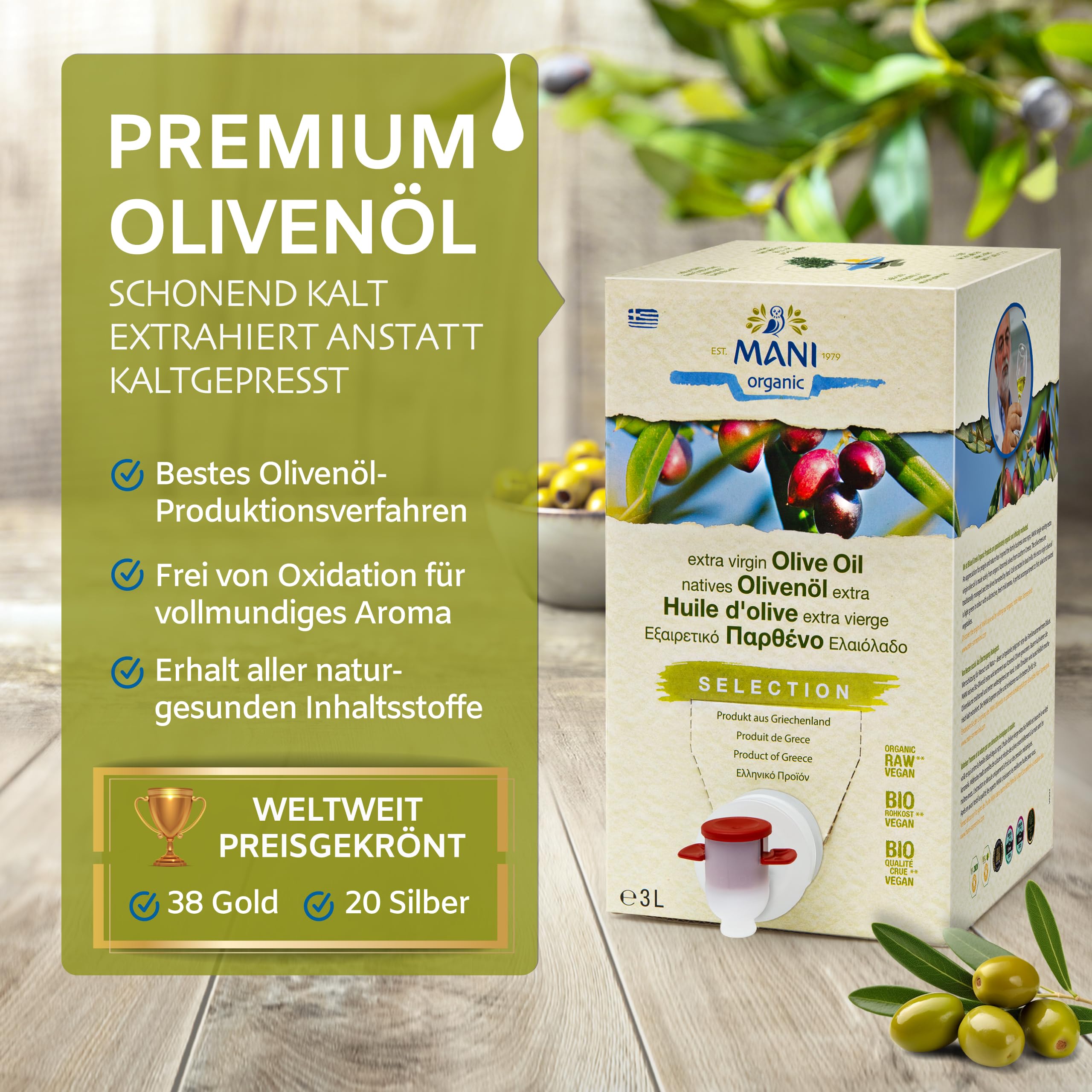 MANI Bio Olivenöl Nativ Extra 3L – Premium Griechisches Olivenöl kaltextrahiert aus Koroneiki Oliven, naturbelassen – Extra Virgin Olive Oil aus Griechenland mild-fruchtig – vegan & nachhaltig