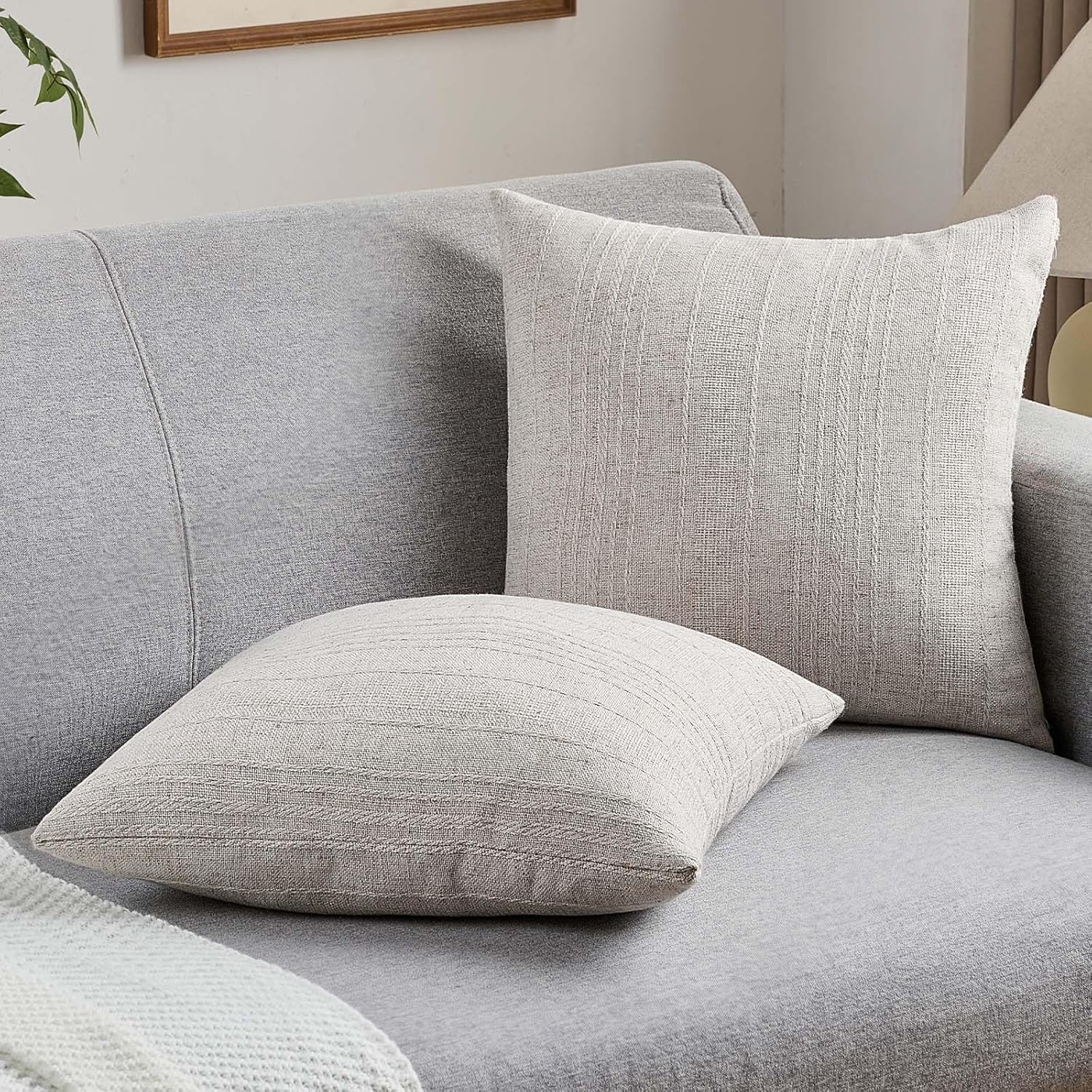 FUTEI Natural Decorative Throw Pillow Covers 18x18 Inch Set of 2,Soft Linen Striped Texture Cushion Case,Farmhouse Home Decor for Couch Bed Living Room - Image 4