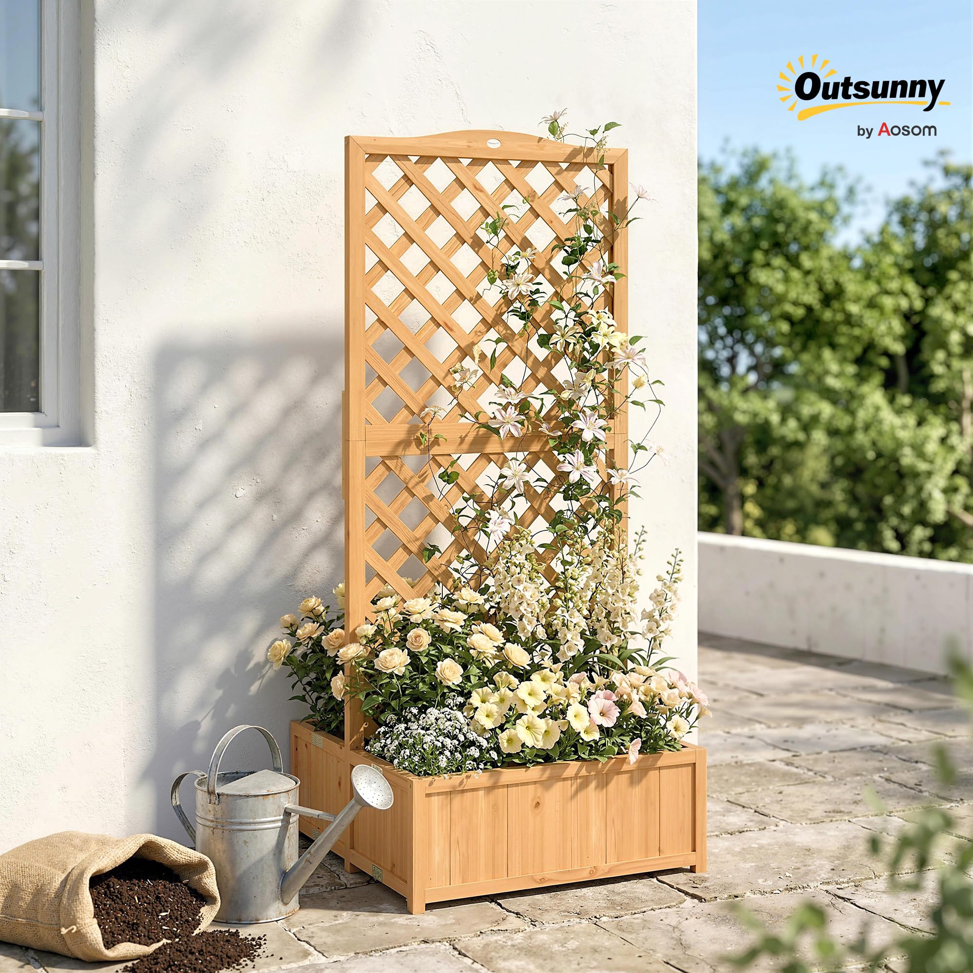 Outsunny Jardinera con Enrejado de Madera, Jardinera Exterior Grande para Plantas Trepadoras, con 2 Cajas Plegables, Base de Listones, Macetero Elevado para Patio, Terraza, 73x70x170 cm, Natural