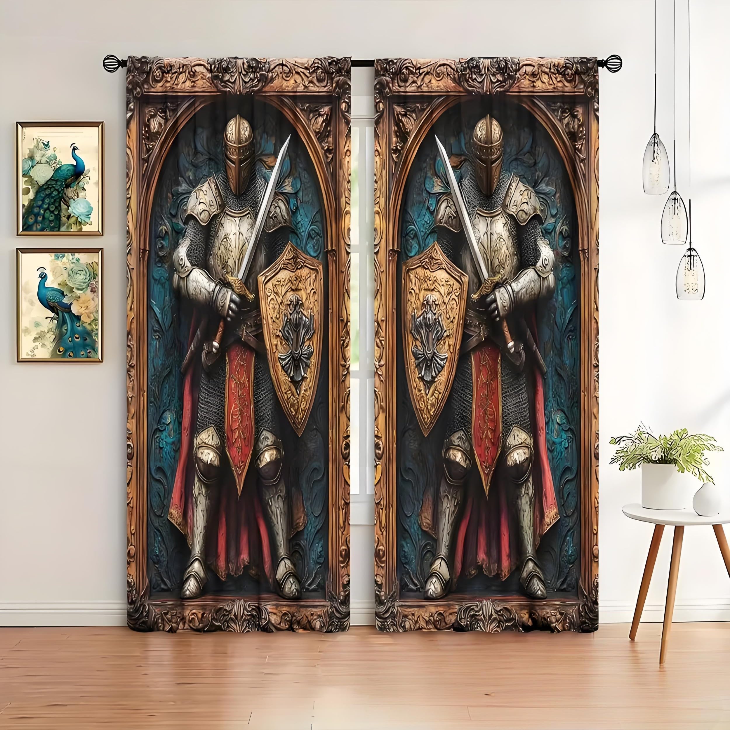 Mittelalterlicher Ritter Vorhänge, Holzschnitzerei Gardinen, Verdunklungsvorhänge, Schallschutz Vorhang, für Sichtschutz im Wohn und Schlafzimmer, B140 x H225 cm (2er-Pack)