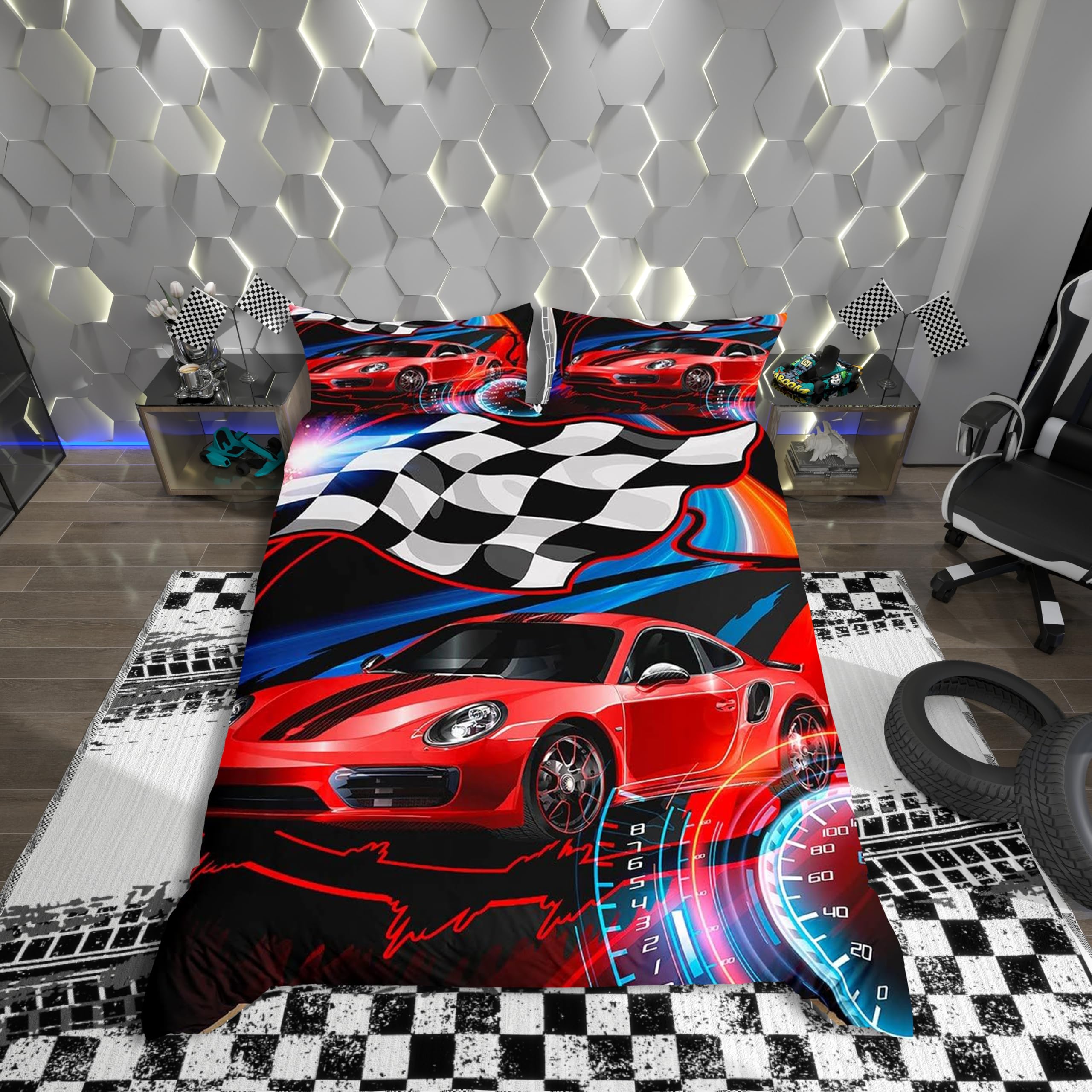 Feelingyou Boys Multi 03 Red Race Car Kids Duvet Cover Set Double Size,Racing Flag Extreme Sport Games Bedding Set, Girls Adults Room Decor,Racing Track Modern Fashion Comforter Cover,Cool Quilt Cover,2 Pillowcases