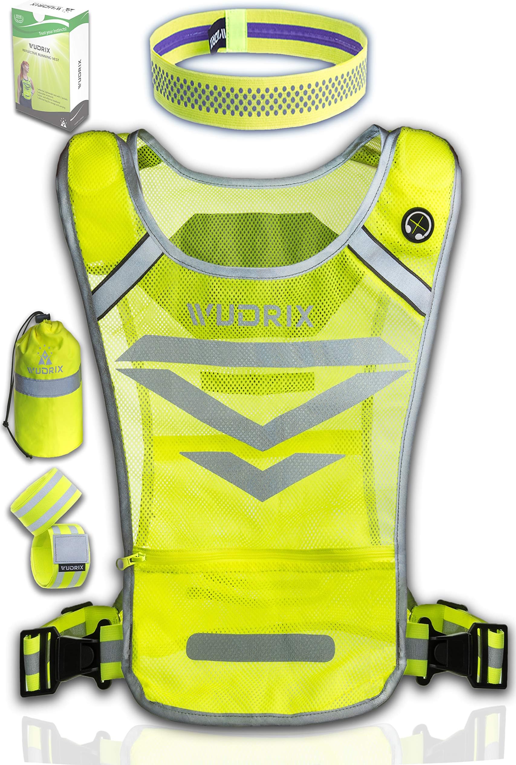 High Visibility Reflective Running Vest with 3 Pockets, 2 Adjustable Ankle/Armbands, 1 Headband & Bag | Night Safety Gear Set for Dog Walking, Jogging, Cycling or Motorcycle | Men & Women