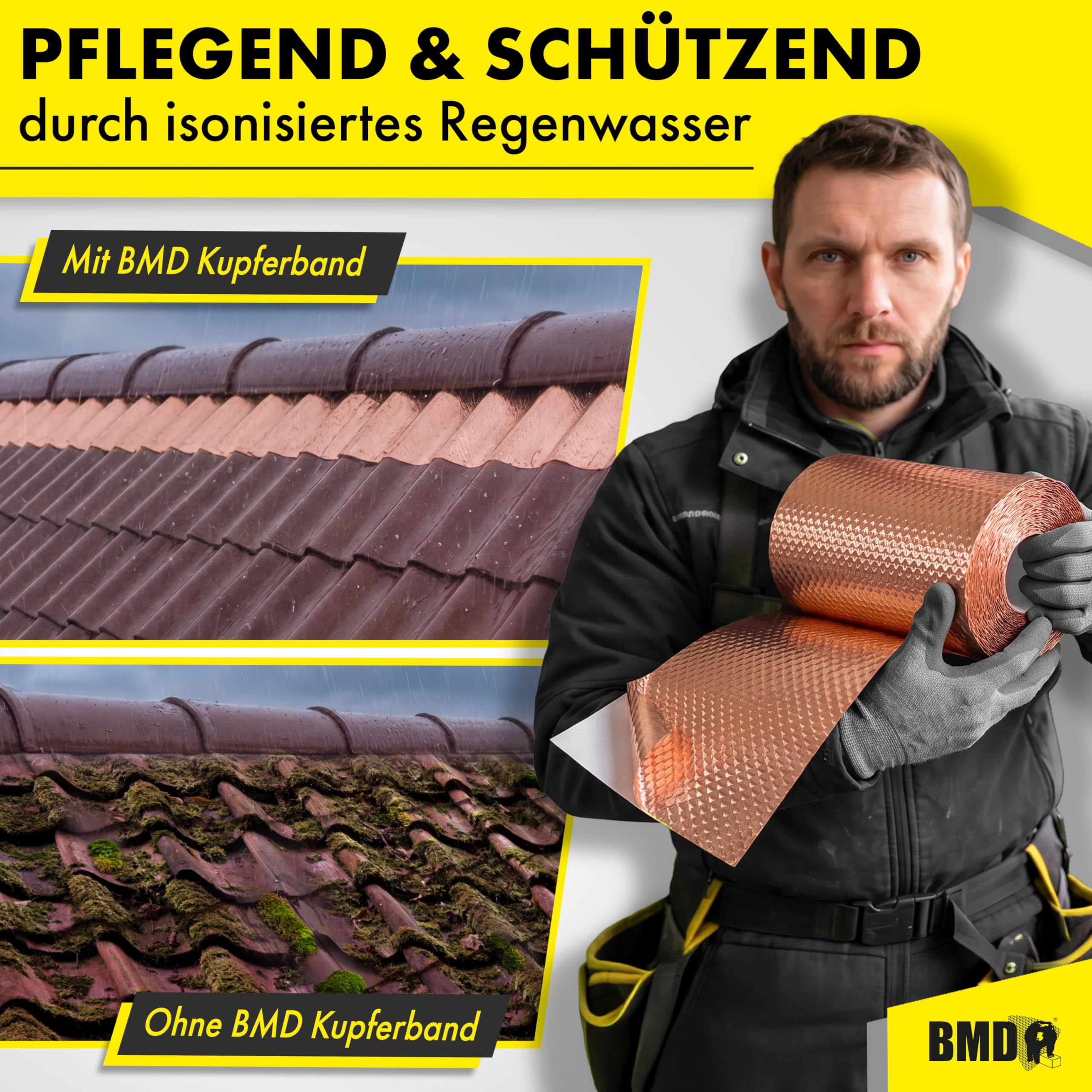 BMD 3D Moos Stopp Kupferband | 300mm x 5m | 2 Größen | UV-stabil | Butylkleber selbstklebend | Entmoosung von Dachziegeln | Profiqualität zur Reinigung des Daches | Anti-Moos