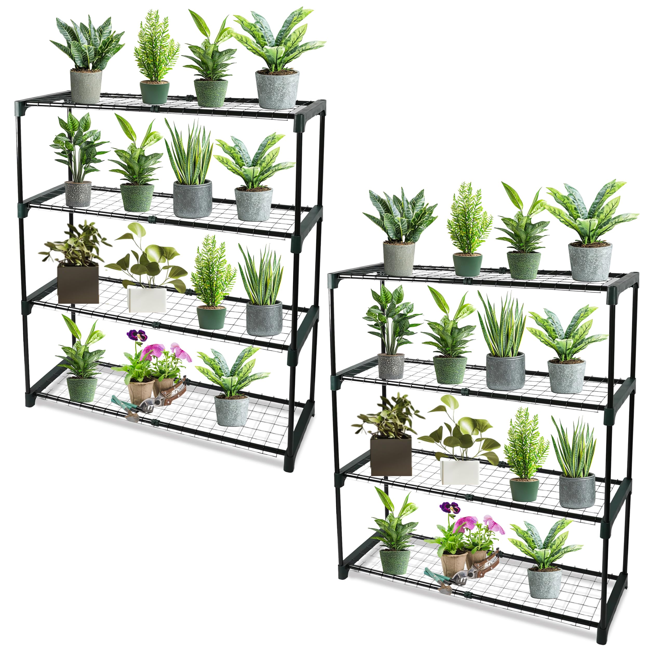 Divchi Green 4-Tier Garden Storage Shelves | Shelving Unit | House Shelf | Shed Rack | Plant Racks | Garage Racking | House Staging - Easy No Tool Assembly (Pack Of 2) (Flower Pots Not Included)
