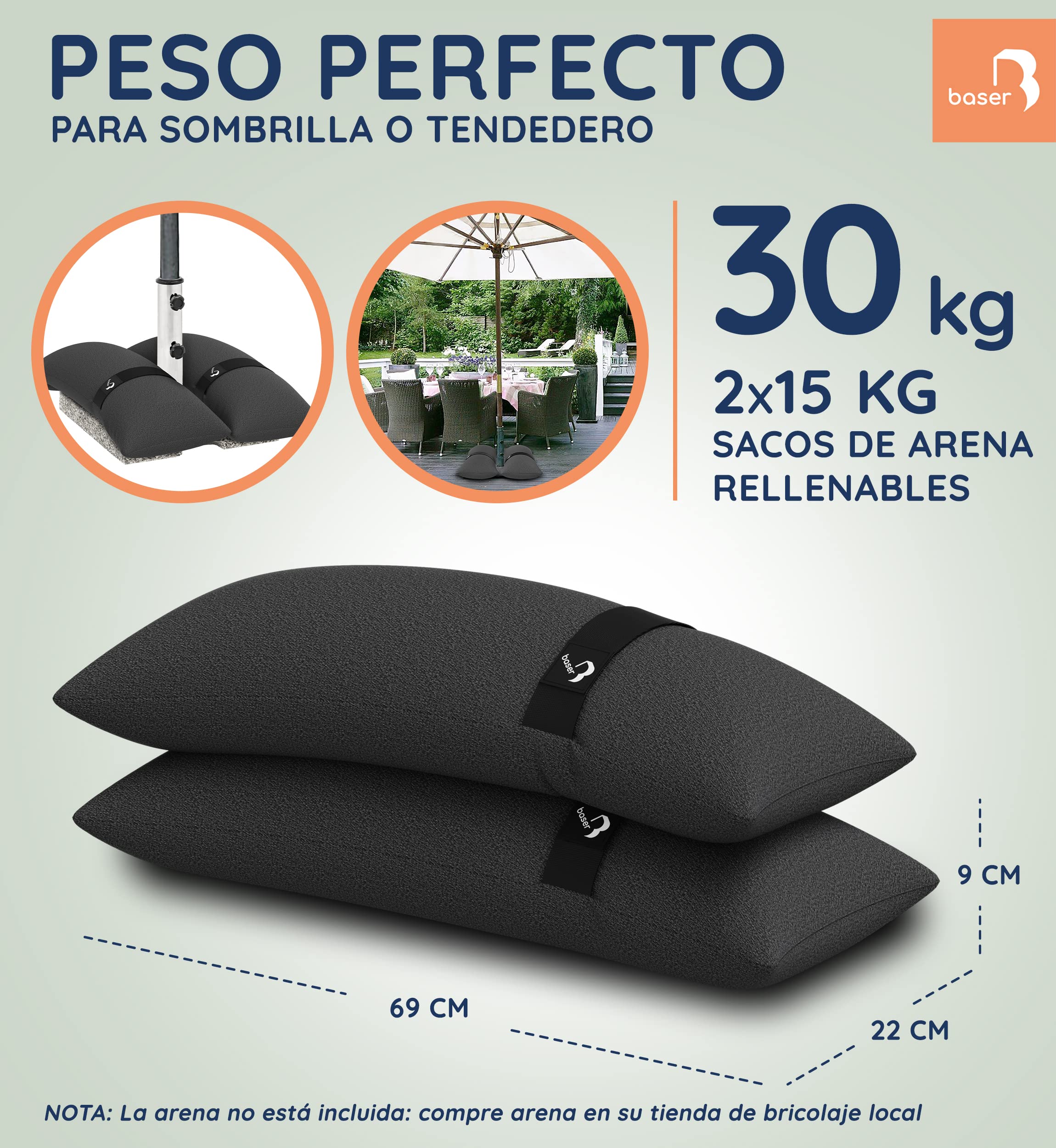 Baser Sacos de Peso Arena 2x15kg – Lastre para Carpa Plegable, Pergolas de Jardin y Sombrilla Terraza Exterior – Pesas Rellenables para Carpa, Impermeable