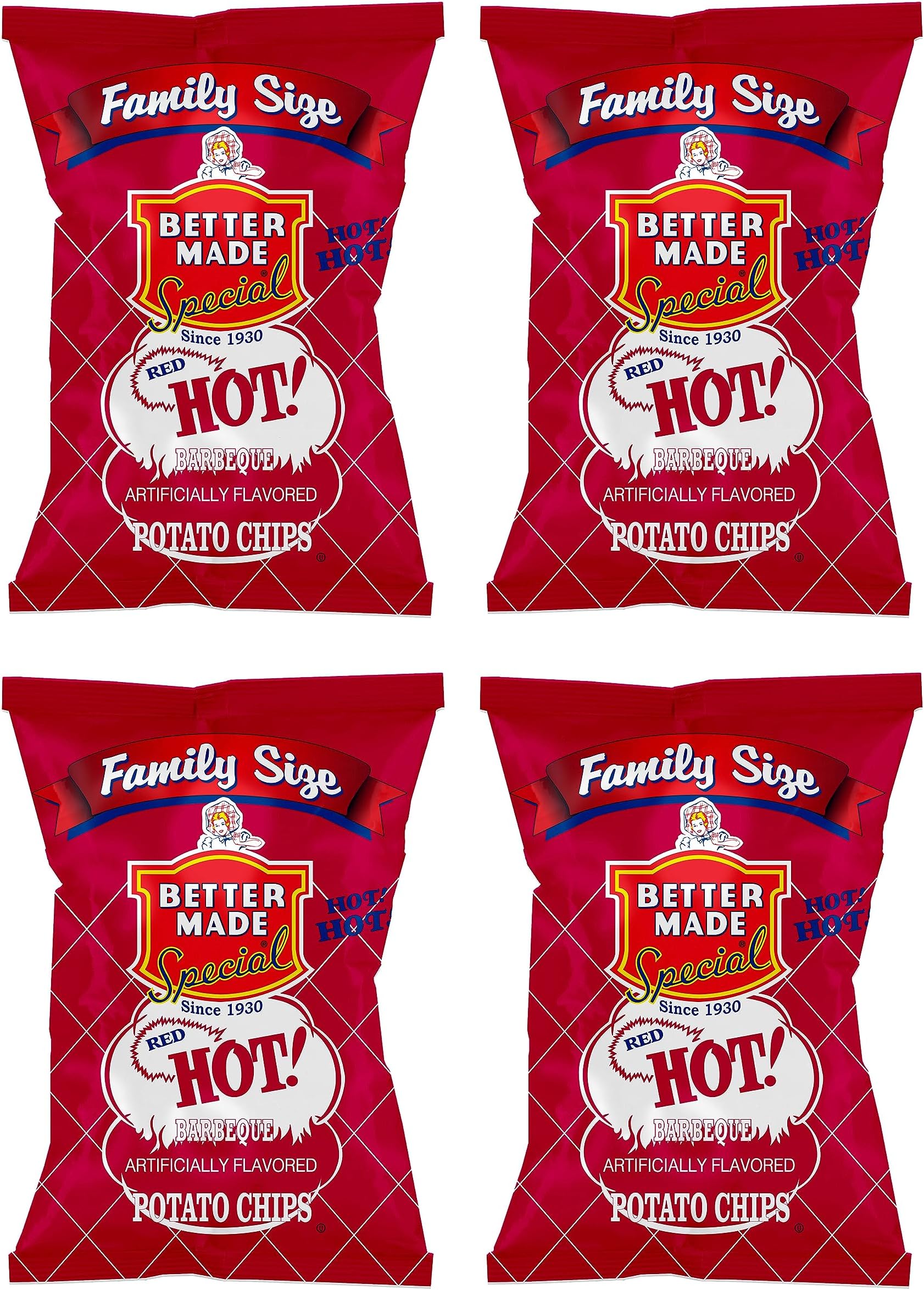 Special Potato Chips Four Pack (4) x Family Size Bags 8.5oz (Pack of 4) (RED HOT BBQ) - Crispy, Crunchy, Salty Snacks Made From Fresh Potatoes - Gluten Free - Family Owned and Operated