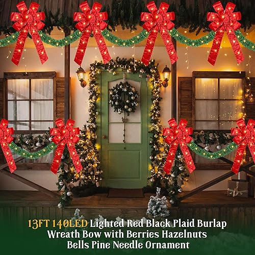 Miniatura 5 de Decoración de valla de lazos de Navidad de 13 pies, decoración de lazos de Navidad grandes iluminados con 140 luces LED con 8 modos y adorno de