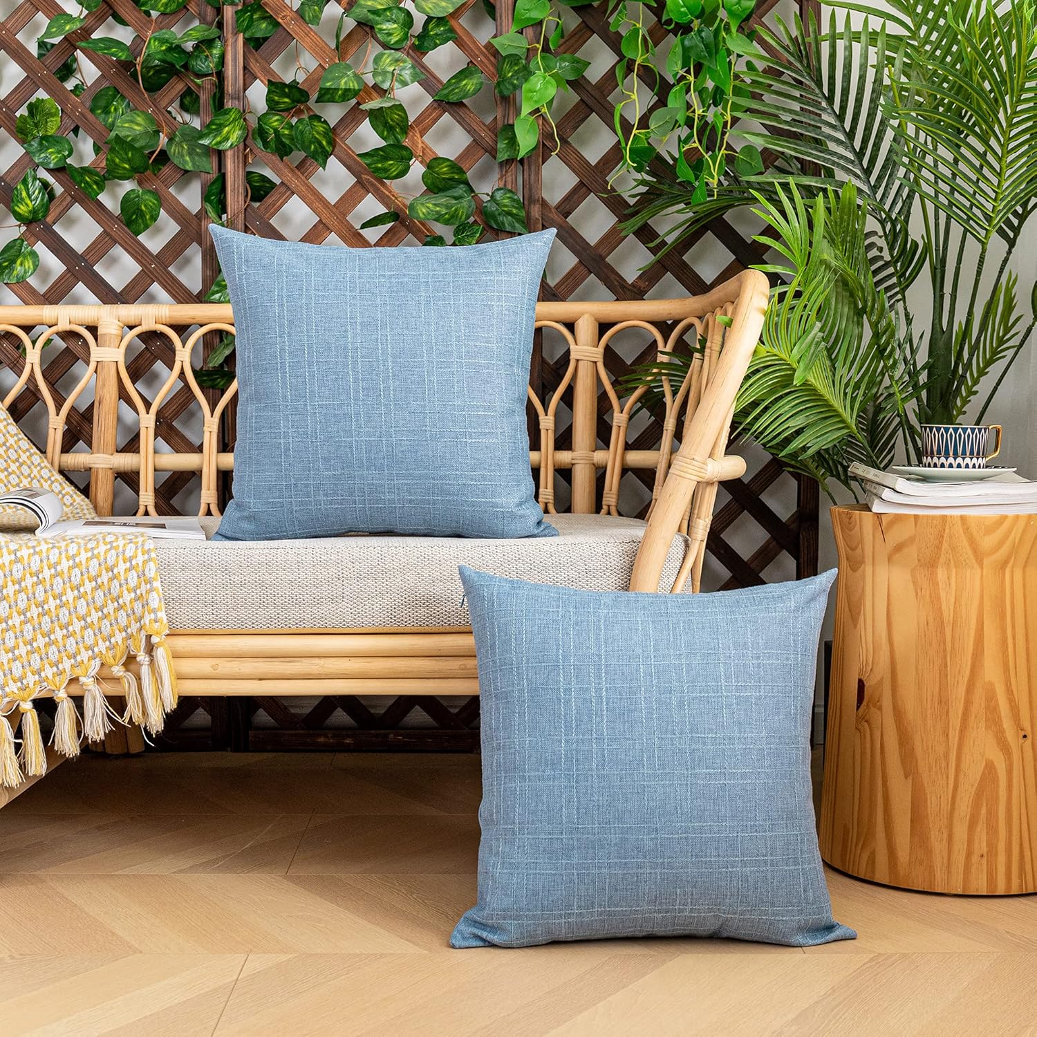 Kevin Textile Pack of 2 Decorative Outdoor Waterproof Checkered Pillow Covers Garden Cushion Sham Throw Pillowcase Shell for Patio Tent Couch 24x24 Inch Light Blue