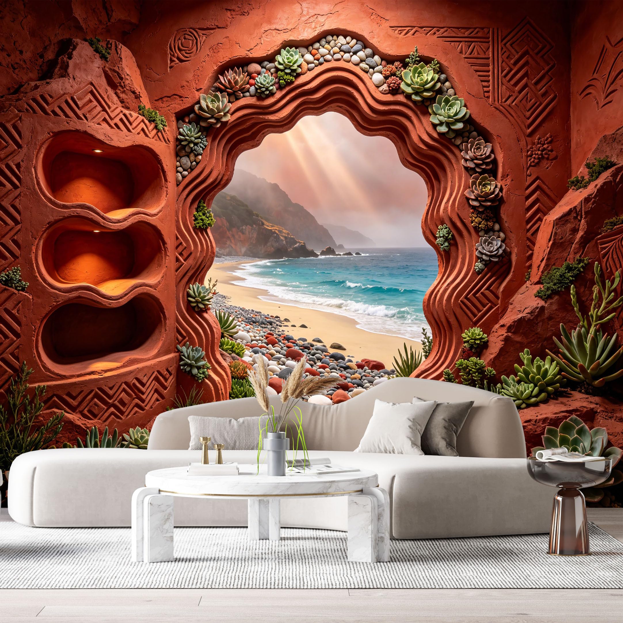 Custom Size Wall Murals Surreal Terracotta Archway Coastal Ocean Landscape Succulent Geometric 3D Trompe L'Oeil SelfAdhesiveWall Fabric Removable Wallpaper Wall Decor for Living Room