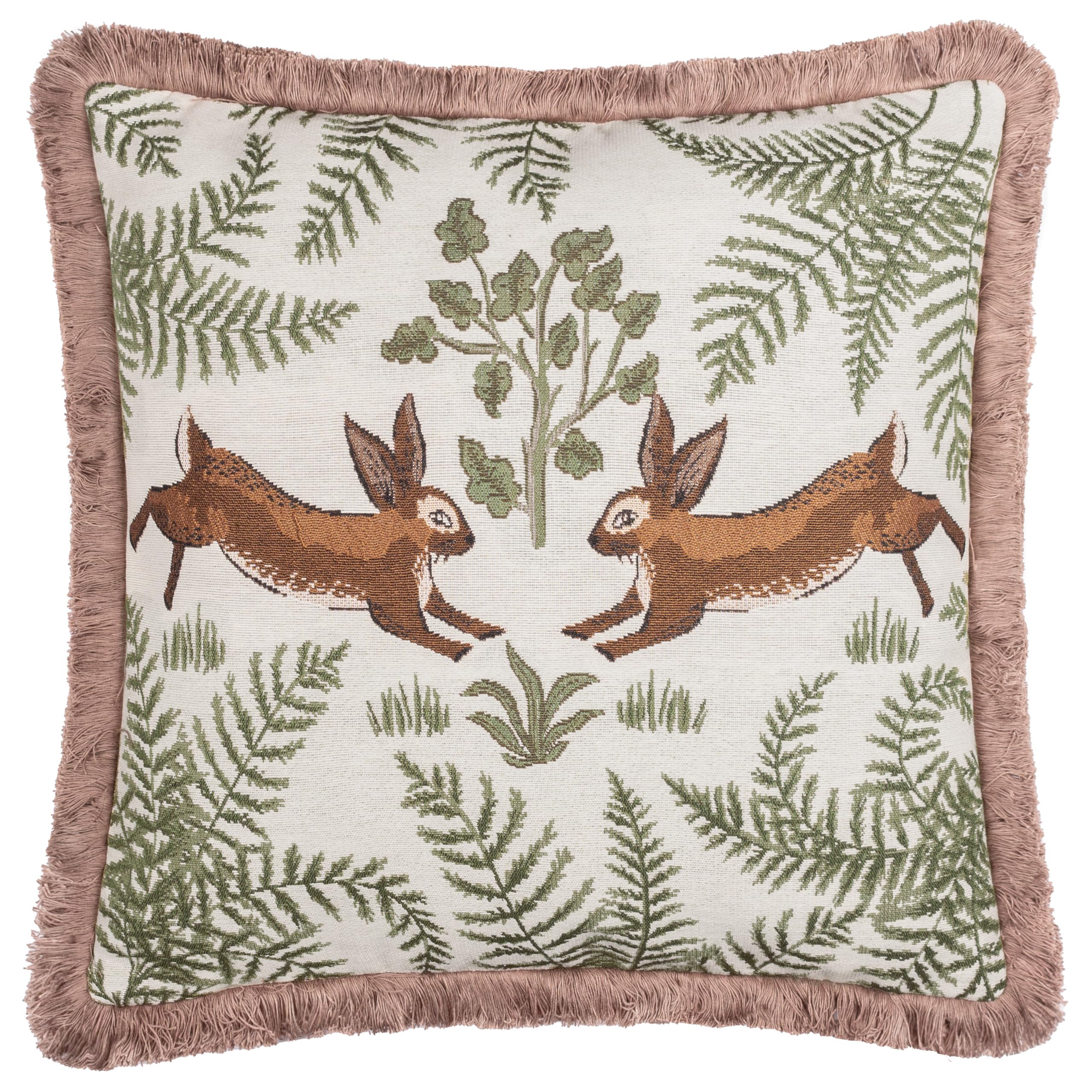 furn. Wylder Fable Rabbits Cushion Cover – Embroidered Woodland Cottage Cotton Decorative Case (Willow Green – 30x50cm)