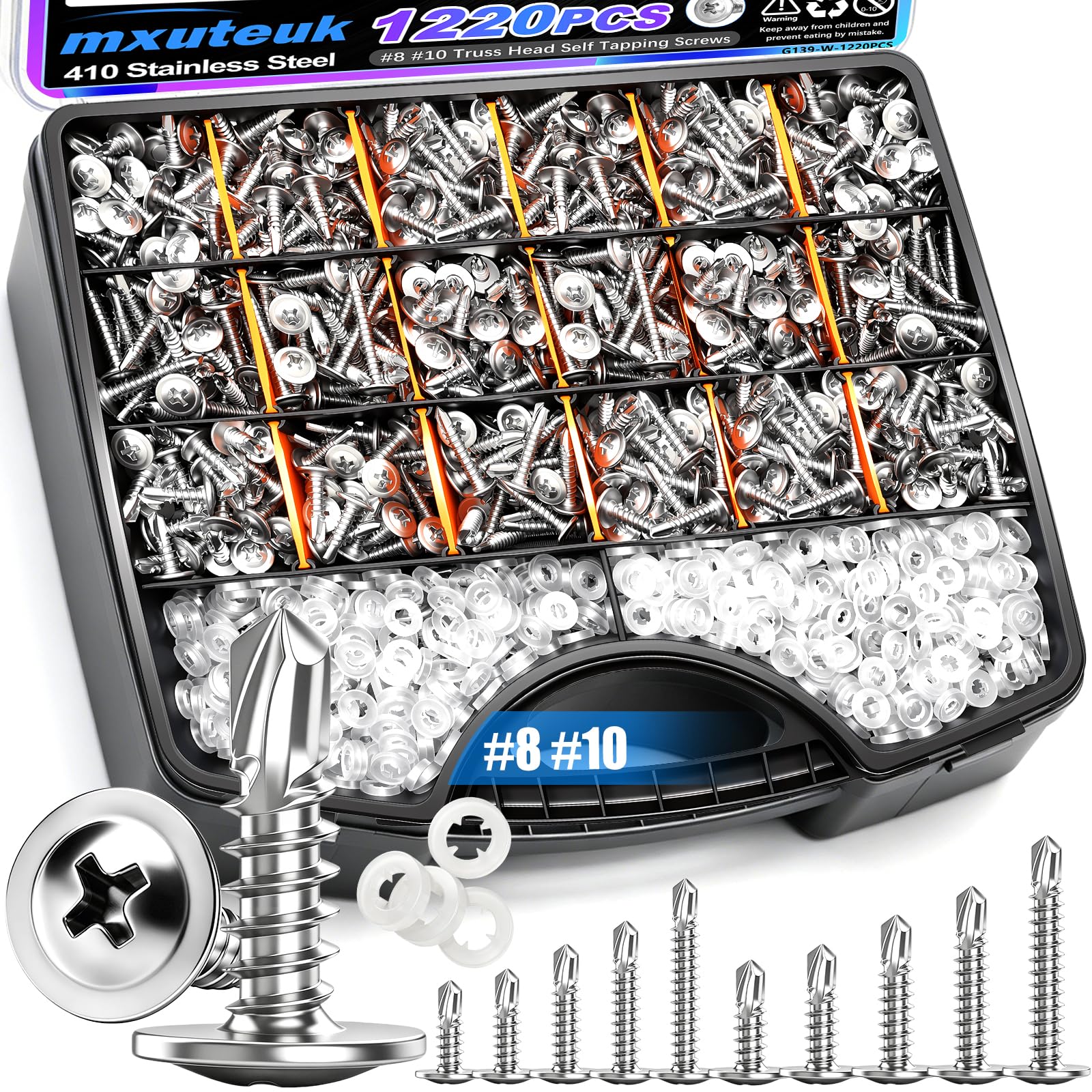 mxuteuk 230PCS #8 Self Tapping Screws for Metal,410 Stainless Steel Self Drilling Screws,1/2",5/8",3/4",1",1-1/4" Truss Head Sheet Metal Screws with Rubber Washers for Metal,Plastic,Wood(115pcs Sets) — Amazon image 26