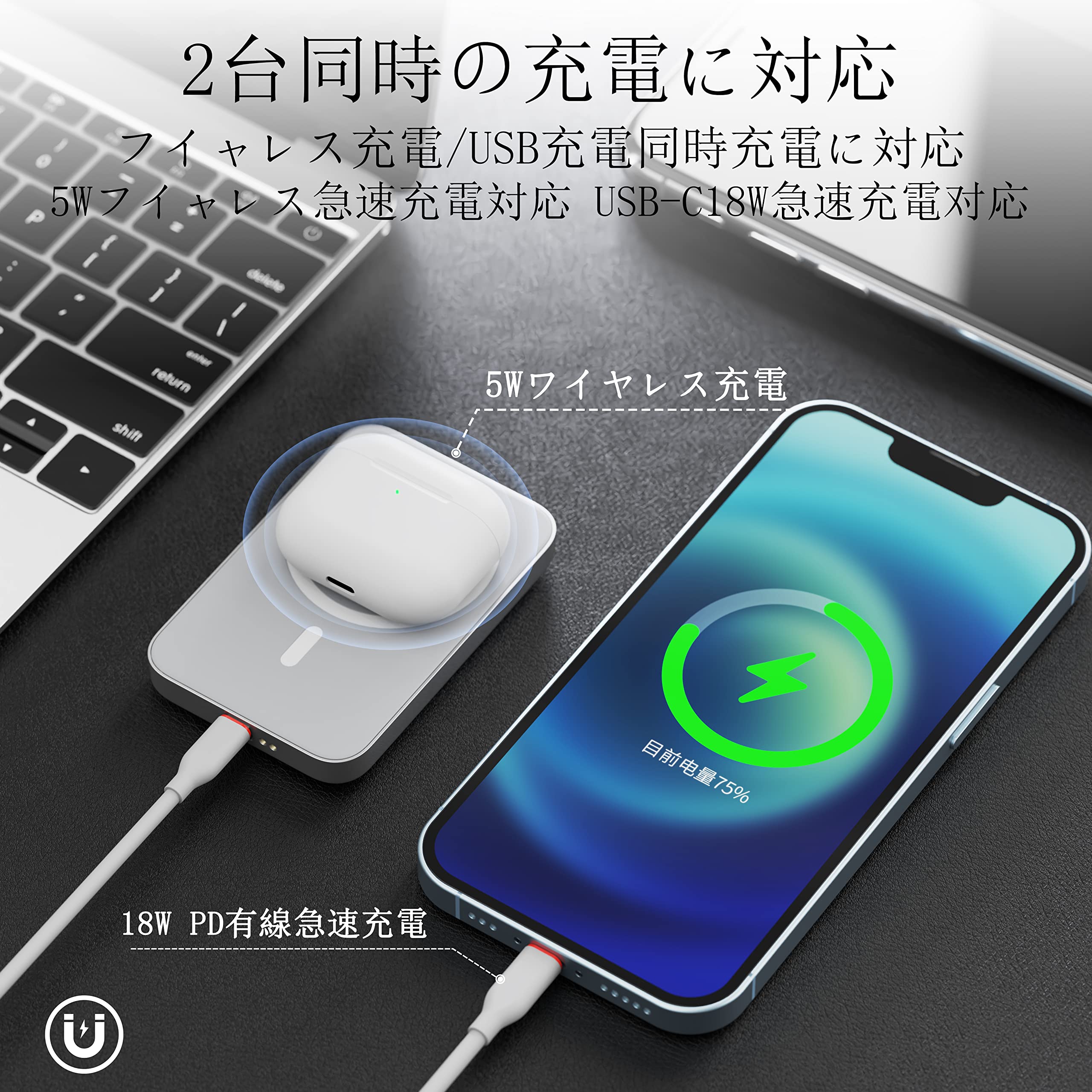 Amazon | CHONGMANG モバイル バッテリー、2本付USB-Cとライトニング 