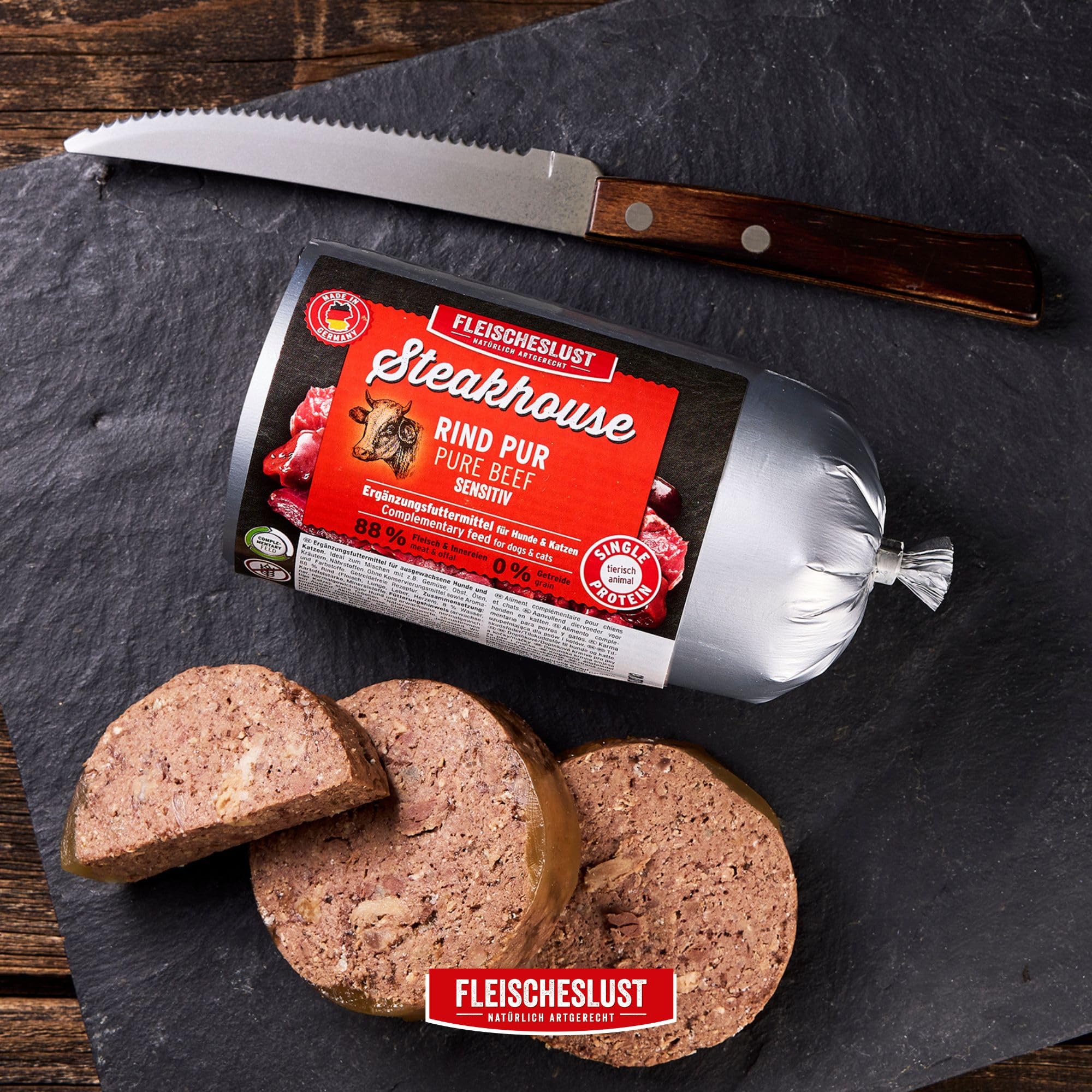 Steakhouse Rind pur (12x500g), Nassfutter für Hunde & Katzen, sensitives Ergänzungsfutter, Monoprotein, getreidefrei, 14x Wurst von Fleischeslust