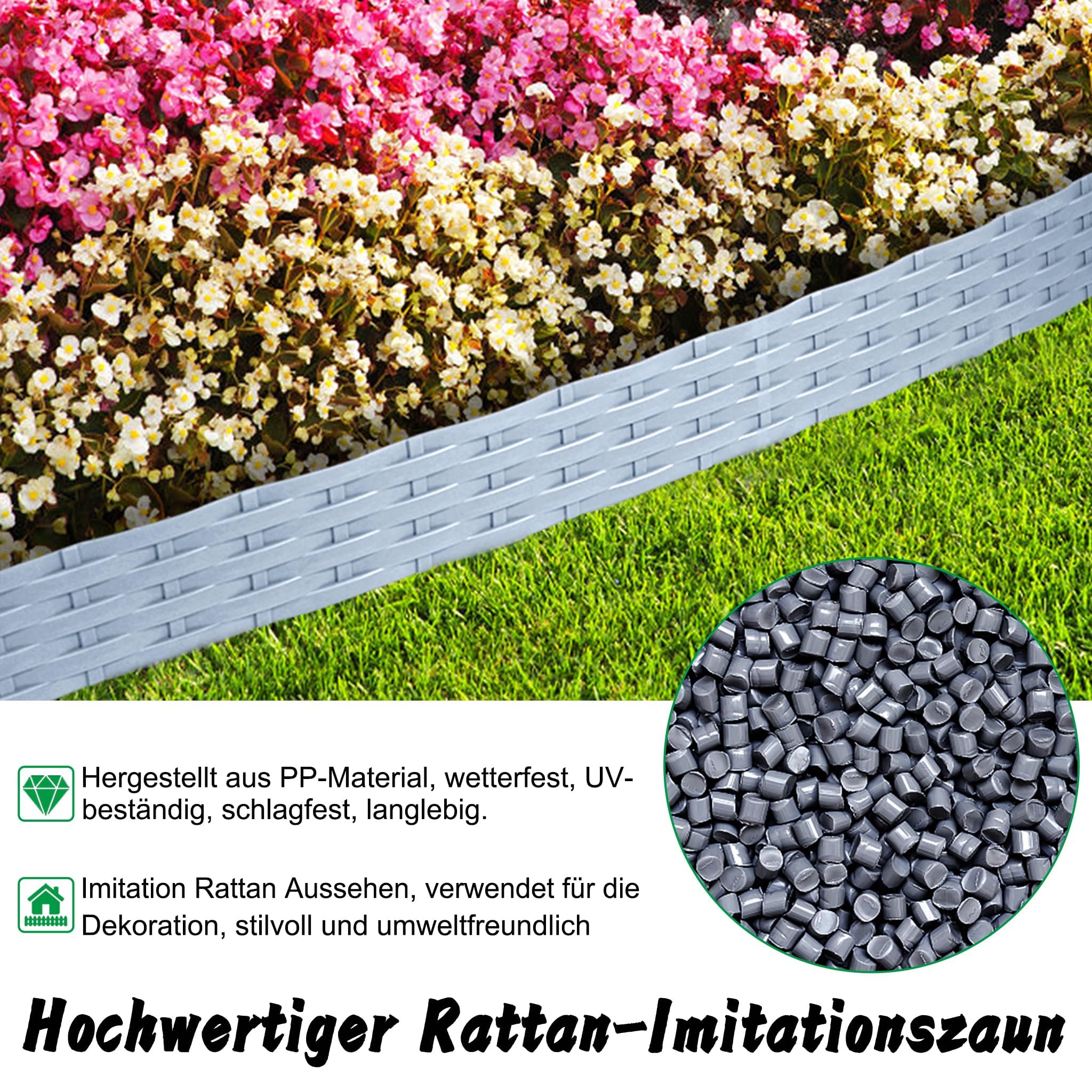 LZQ Bordo per aiuole, in plastica, pieghevole, 15 m, motivo palizzate, con 15 elementi da 100 cm, colore: grigio
