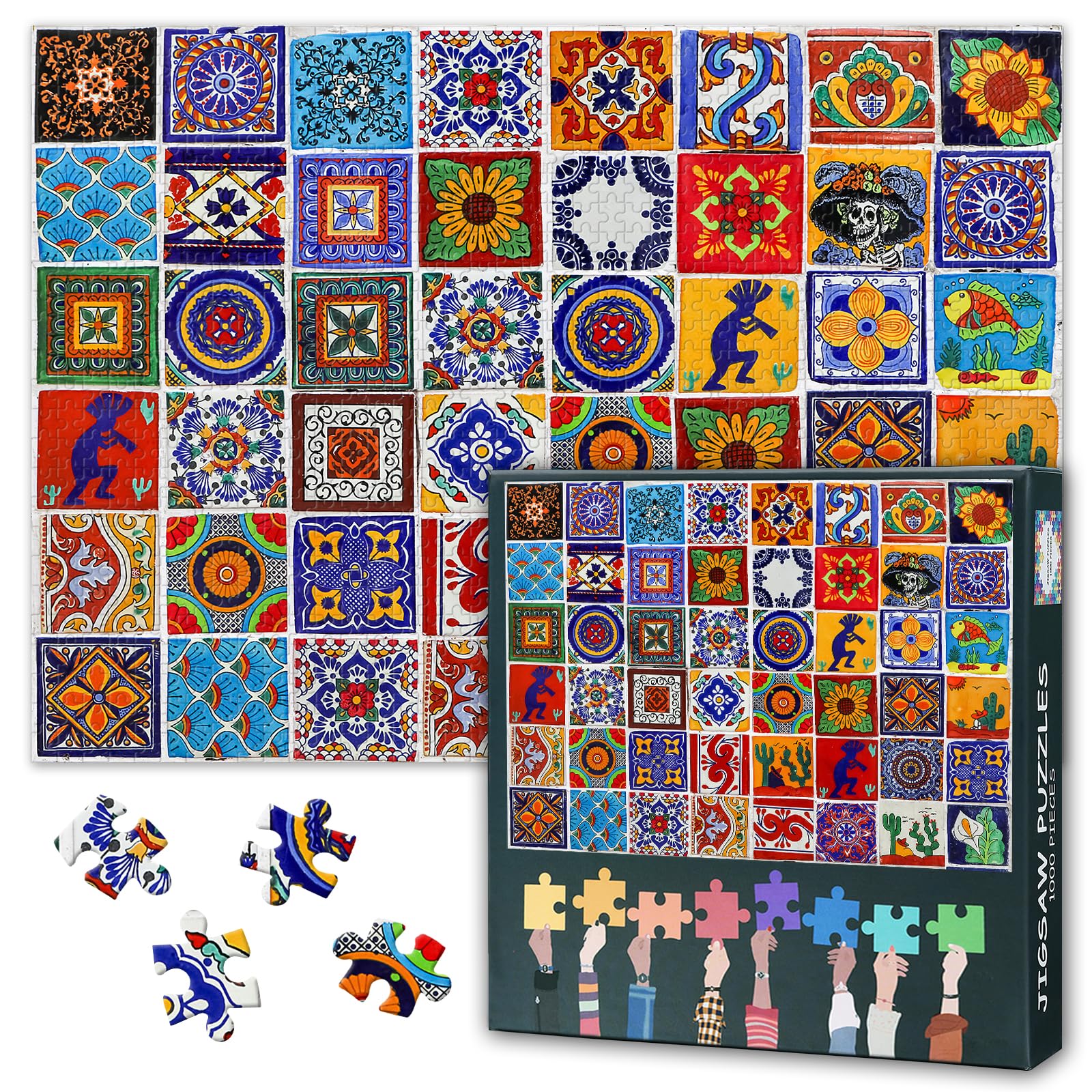 Jigsaw Puzzle for Adults, Mexican Style Ceramic Tile Multicolored Bright and Colorful, Intricate Details Parlour Games
