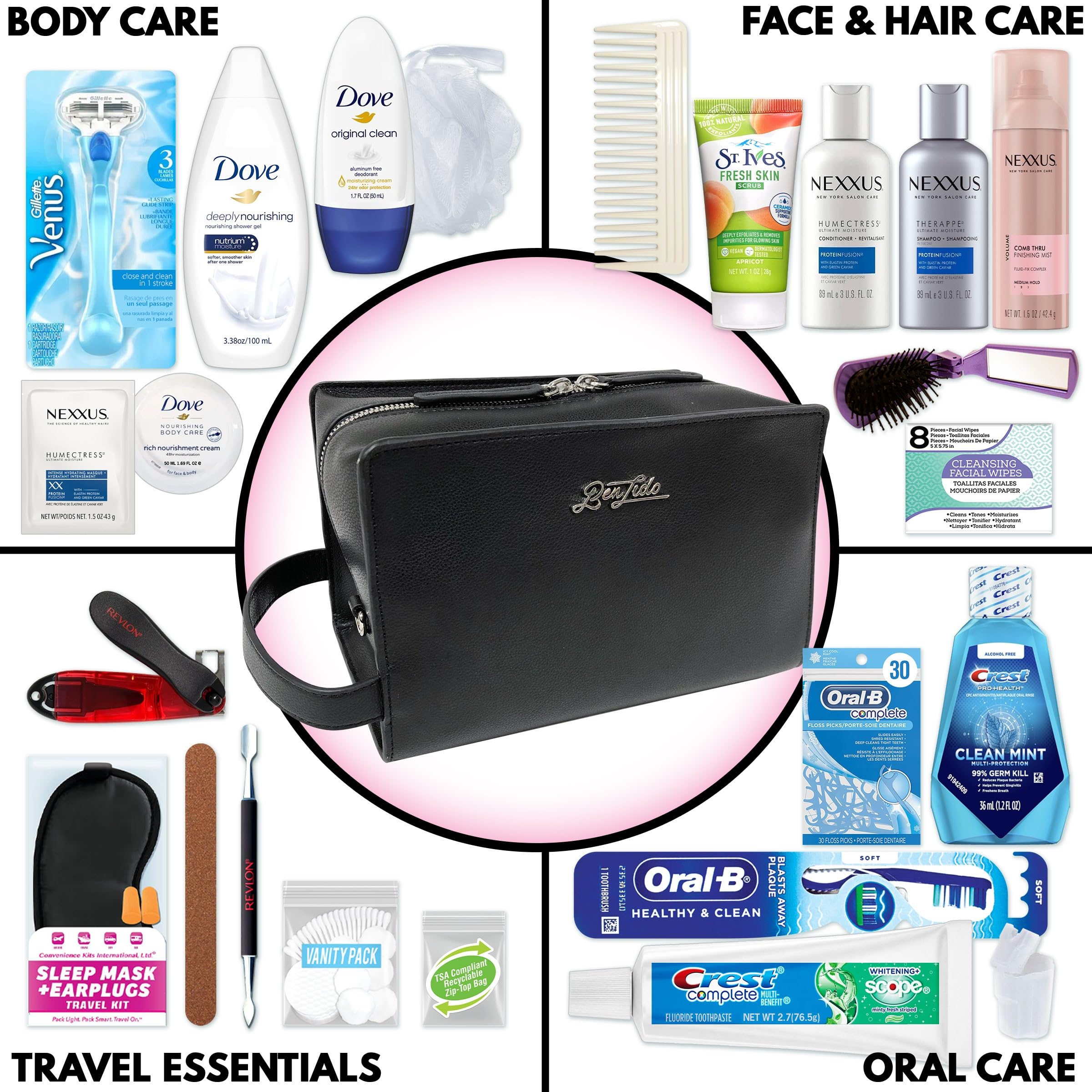 Convenience Kits International Women’s Super Premium 25 PC Travel Kit Featuring: Ensemble of Nexxus Travel-Size Hair Care and Body Products in Large Leather Toiletry Bag (824)