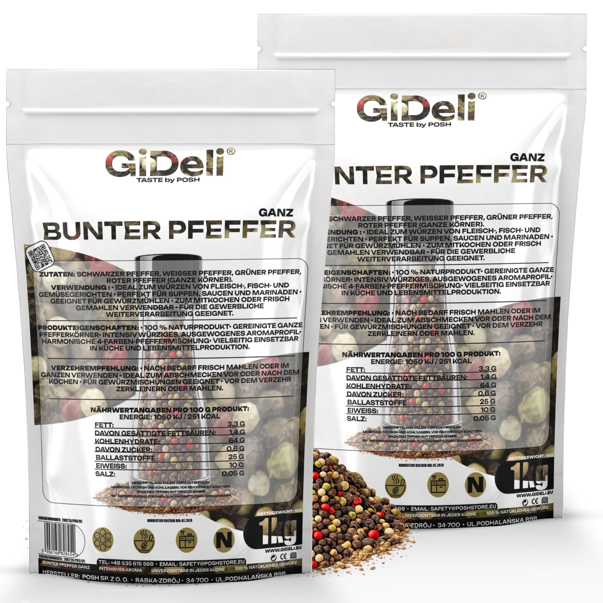 GiDeli Bunter Pfeffer Ganz 2 x 1kg - Aromatische Schwarze, Weiße, Rote und Grüne Pfefferkörner - Für Pfeffermühle und Mörser - Universell Einsetzbar - 100% Naturrein ohne Zusätze