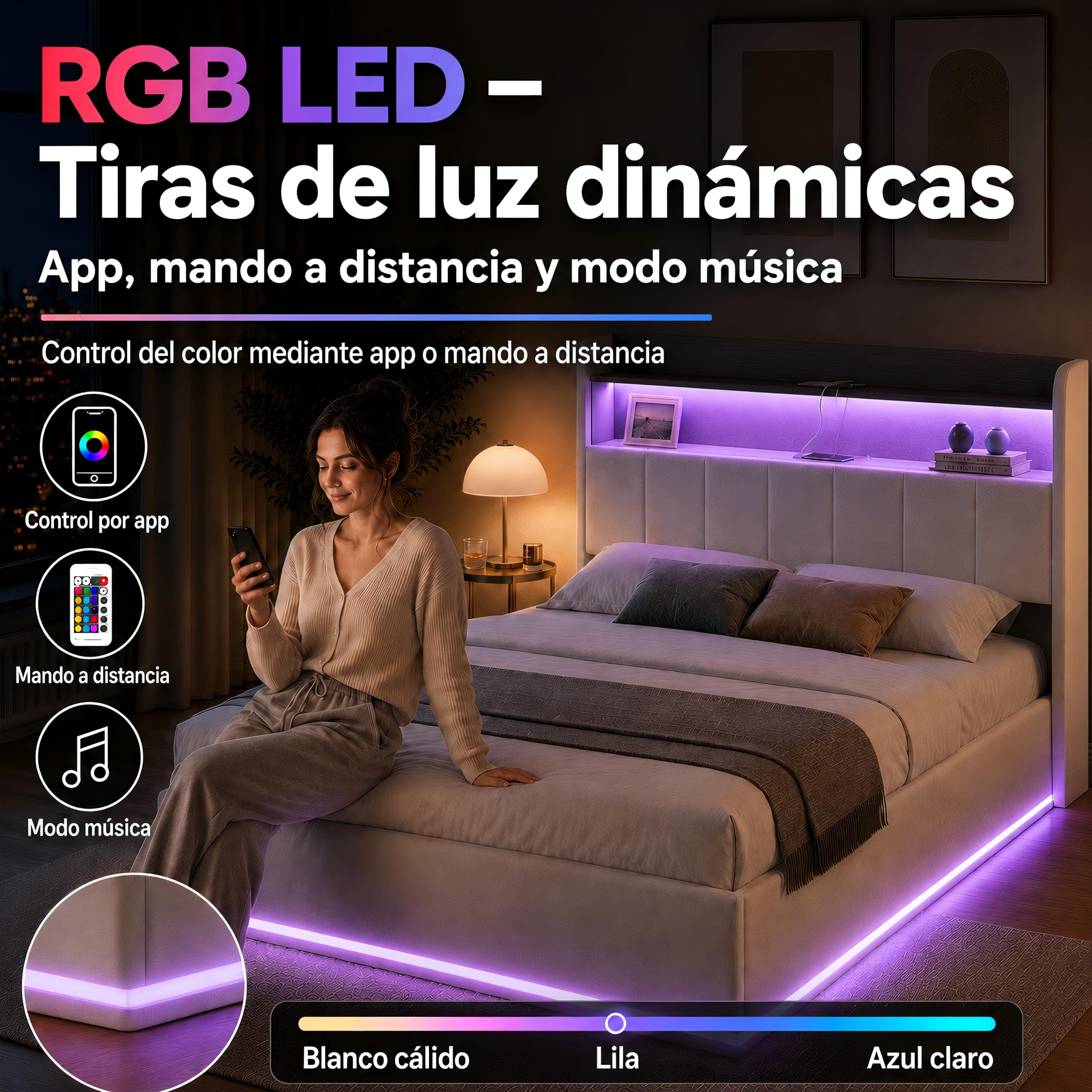 Cama tapizada de 140 x 200 cm con espacio de almacenamiento hidráulico, cama doble con LED y estación de carga USB, cama juvenil de 140 x 200 cm, marco de cama con somier, cama de
