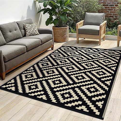 sarben Outdoor Rug, Waterproof Plastic Rugs for Patio, 4'x6' Black Beige