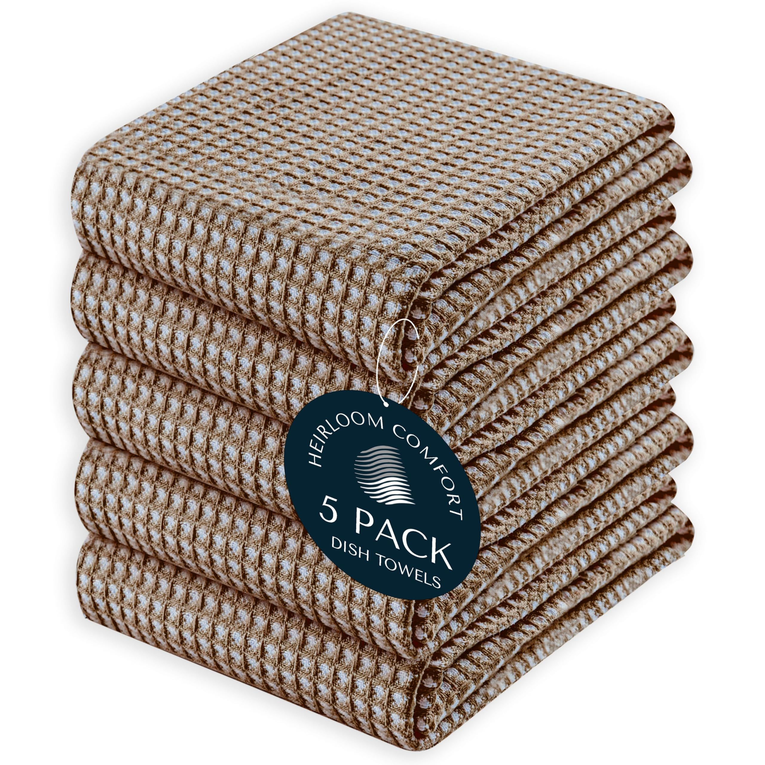 HEIRLOOM COMFORT 5 Pack Dual Waffle Kitchen Towels, 100% Cotton, 40x66 cm, Super Absorbent, Quick Dry Dishcloth Set with Hanging Loop, Soft for Cleaning, Drying Dishes, Durable Hand Towel, Brown