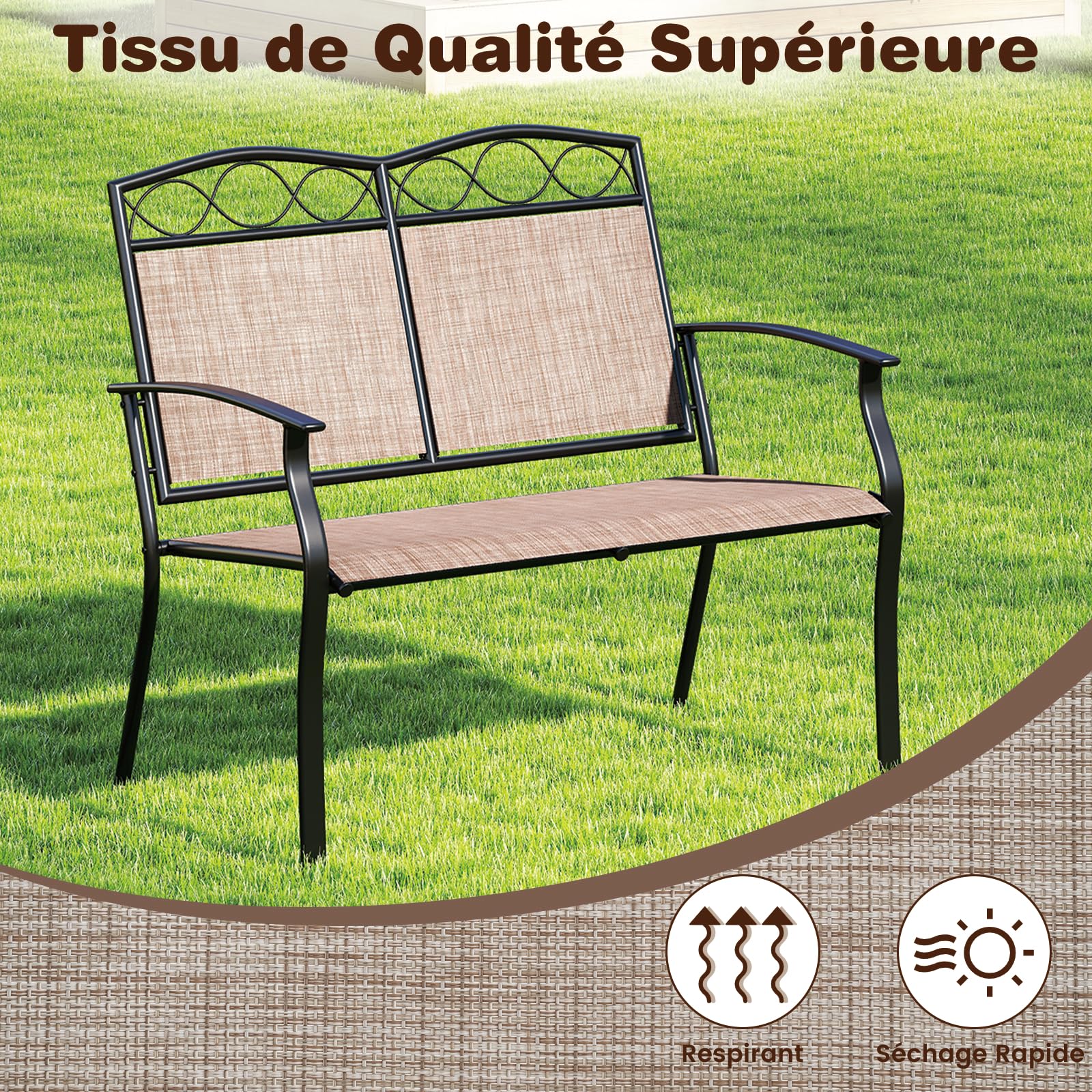 GIANTEX Banc Exterieur Jardin avec Dossier et Assise en Tissu Respirant, Charge 300 kg, Cadre en Métal Robuste avec Accoudoirs, Banquette Exterieur Jardin 2 Places pour Porche, Patio, Piscine, Marron