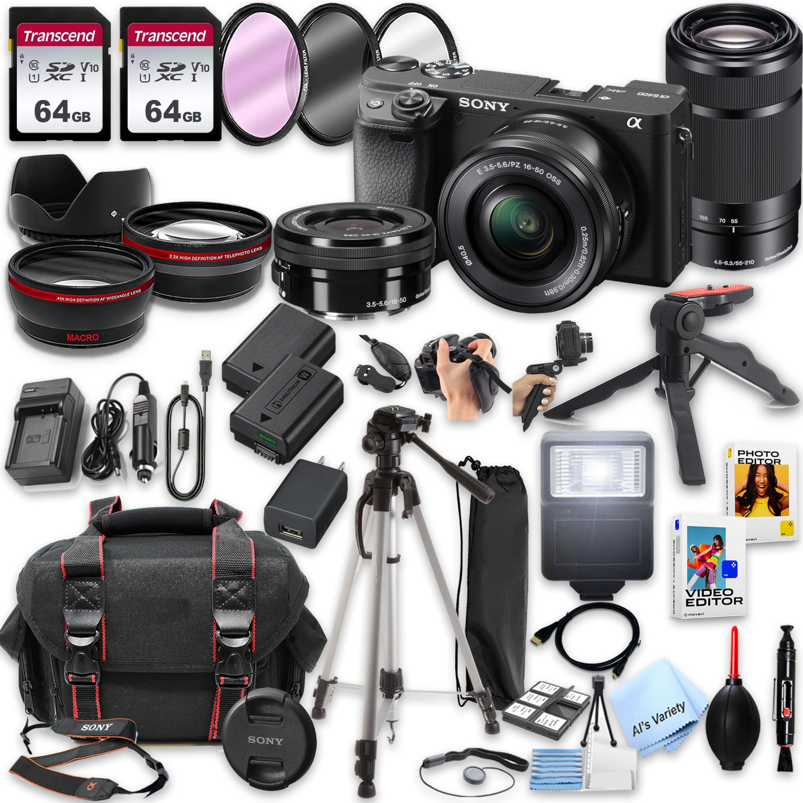 Sony a6400 Mirrorless Camera with16-50mm & 55-210mm Zoom Lenses + 128GB Memory, Spare Battery, Filters,Case, Tripod, Flash, and More (39pc Bundle) (Renewed)