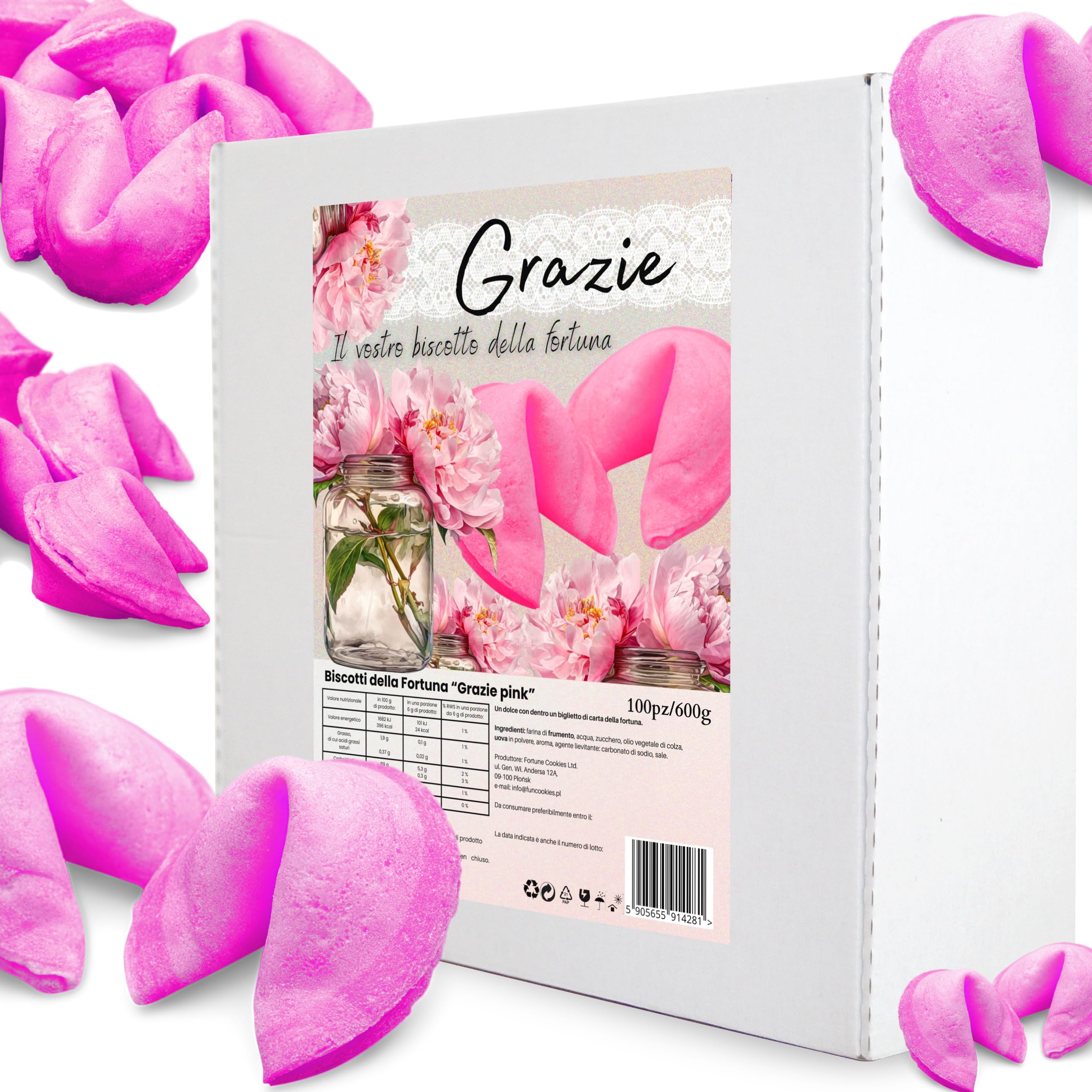 Biscotti della Fortuna Cinesi, Biglietti Profetici, biscotti rosa, Biscotti portafortuna "Grazie",come regalo, per gli ospiti, per una festa, Sapore Vaniglia (100 pezzi)