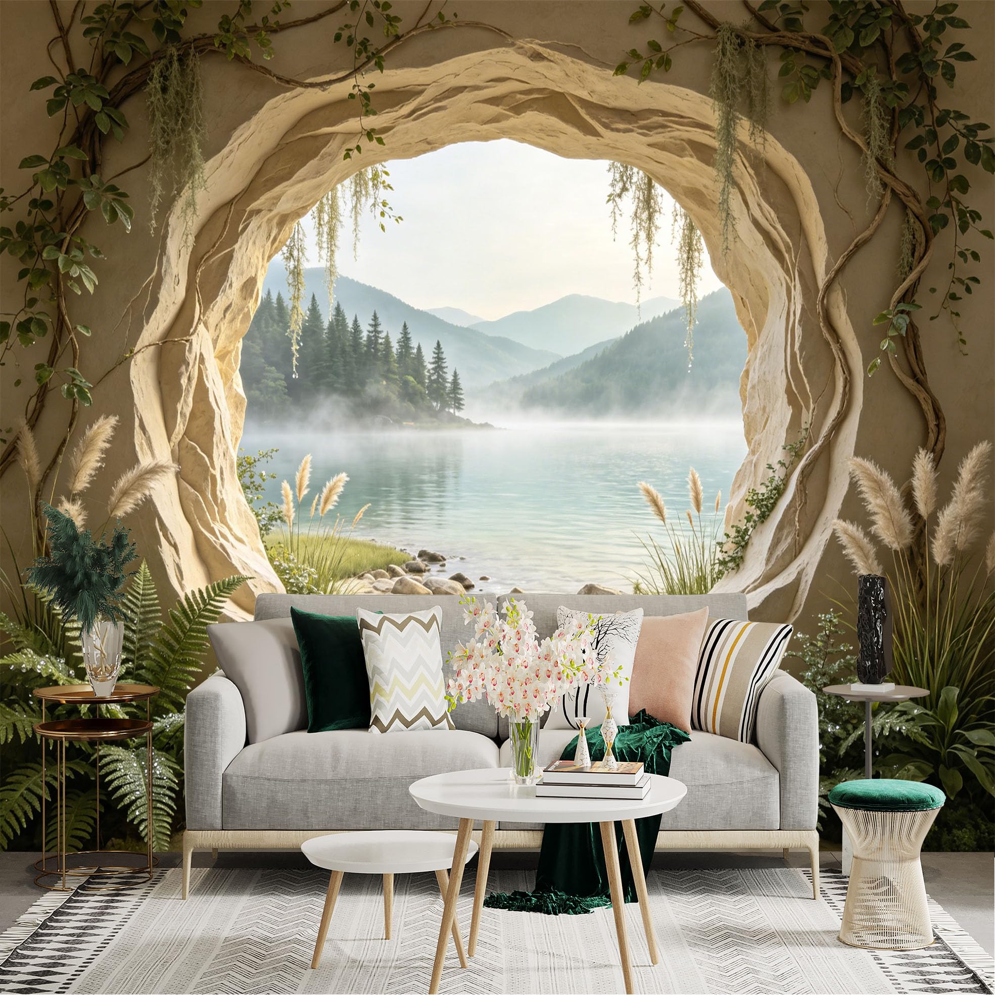 Custom Size Wall Sticker Mural， Cave View of Misty Lake， Mountains and Forest Landscape， for wall Decoration， peelandstick wall Decals.