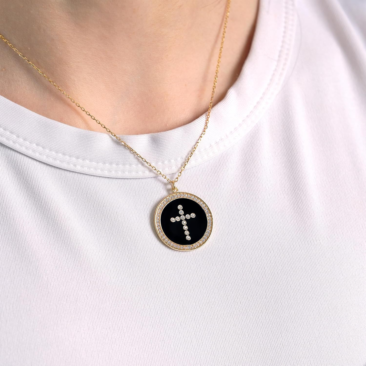 MIONZA 18K Gold Vermeil Cross Necklace for Women, Women’s Cross Necklace, Christian Necklace, Crucifix Spiritual Religious Gift, Black Coin Cross Pendant Gift for Her