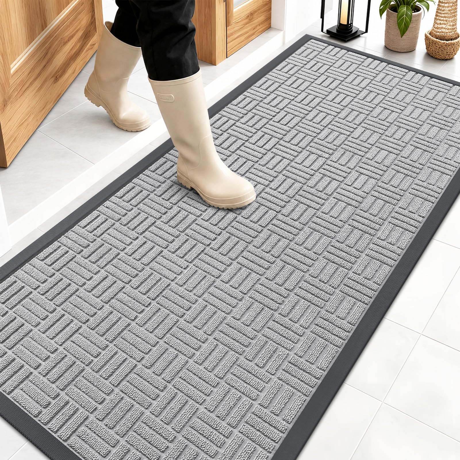 OLANLY Front Door Mat Outside Entrance 59x23, Heavy-Duty Rubber Doormat | Light Gray, Stain and Fade Resistant, Non-Slip Backing, Low-Profile Indoor Outdoor Floor Mat for Entryway, Easy to Clean