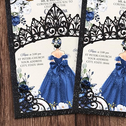 Miniatura 9 de DreamBuilt 50 unidades de 5 x 7.2 pulgadas, kit de invitaciones de quinceañera con purpurina dorada en blanco con corte láser, corona hueca,