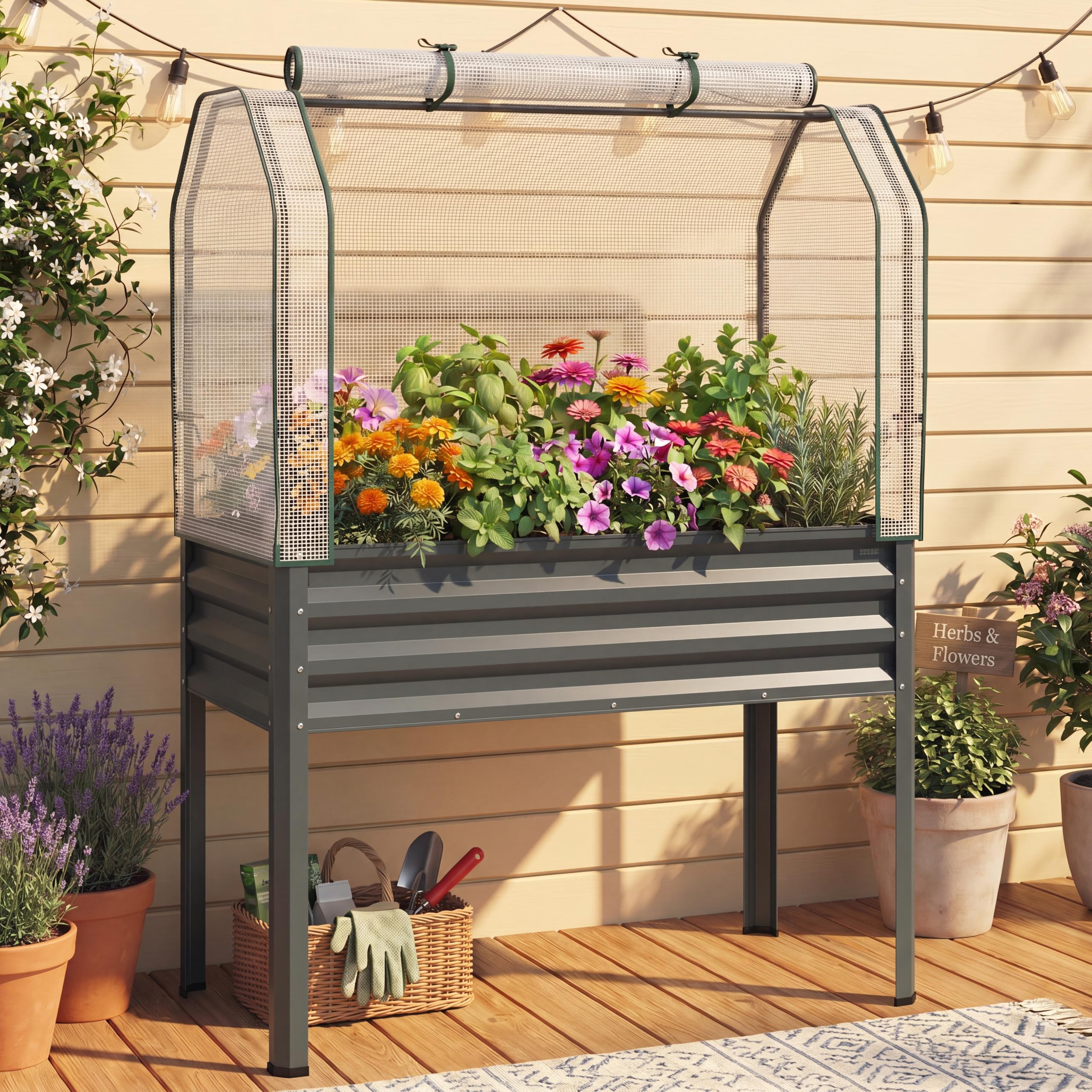 GOPLUS Jardiniere sur Pieds 3 en 1 avec Mini Serre, Carré Potager en Métal Galvanisé avec Porte Zippée Enroulable pour Jardin Balcon Patio, Bac de Culture 142L pour Légumes Herbes Fleurs (Gris)