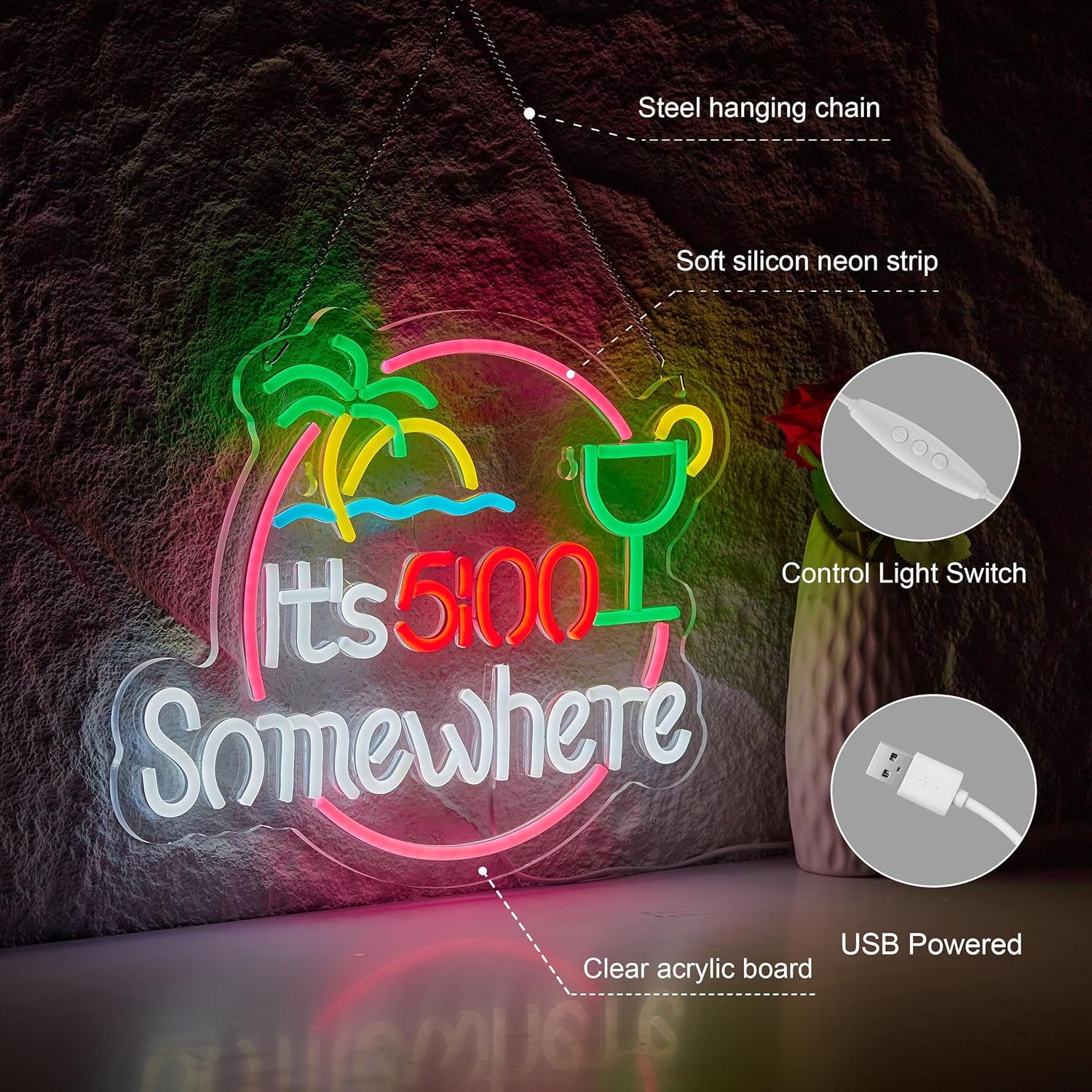 Its 5 00 O'clock Some Where Neon Sign for Wall Décor Dimmable It's Five O'clock Somewhere LED Bar Beer Garage Neon Light USB Powered Neon Signs Decor - Image 4