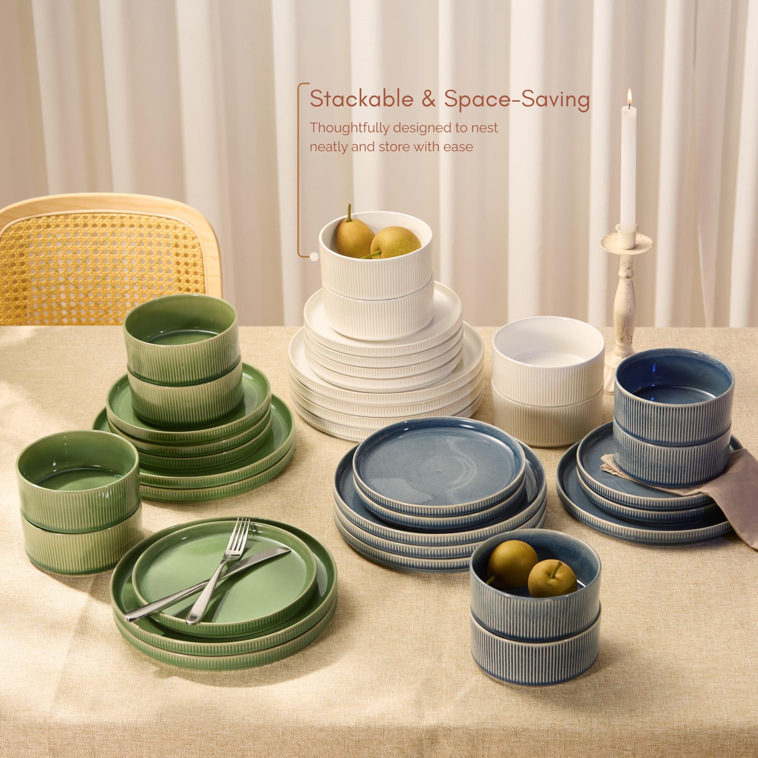 Keramik-Geschirr-Set, von Vase und Gefäß, 12-teiliges Service für 4, 24,9 cm Speiseteller, 20,3 cm Salatteller, 590 ml Schüsseln, Ombré-reaktive Glasur, langlebiges Steingut, Mikrowelle und
