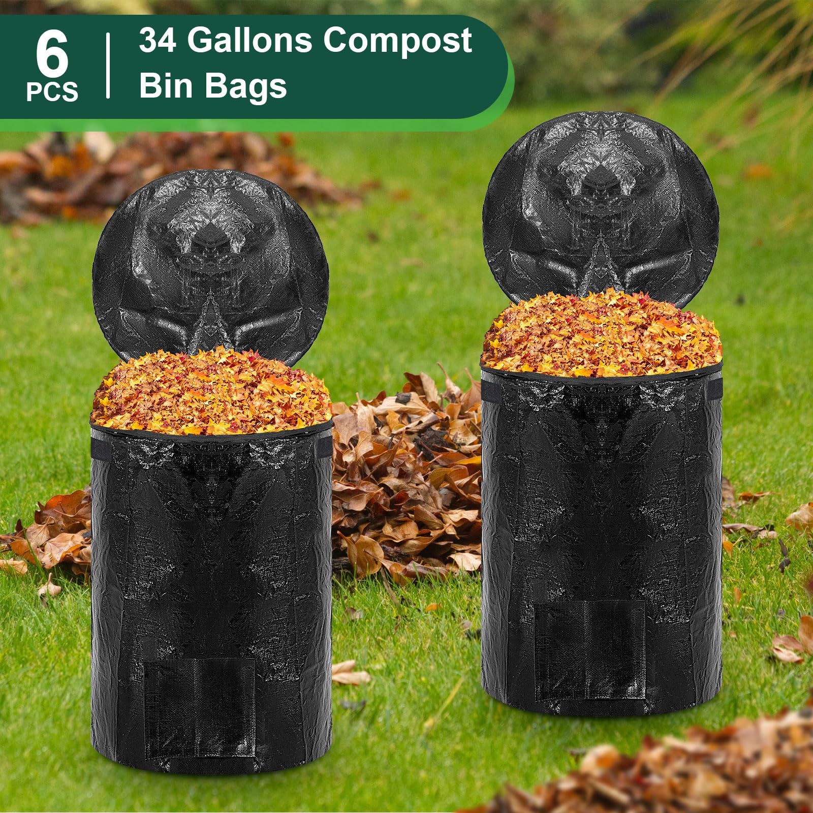 Berlune 4 sacchetti riutilizzabili per rifiuti da giardino, con coperchio e manici, per raccogliere foglie e rami della spazzatura, adatti per cortile, giardino, cantiere (nero, 180 litri)
