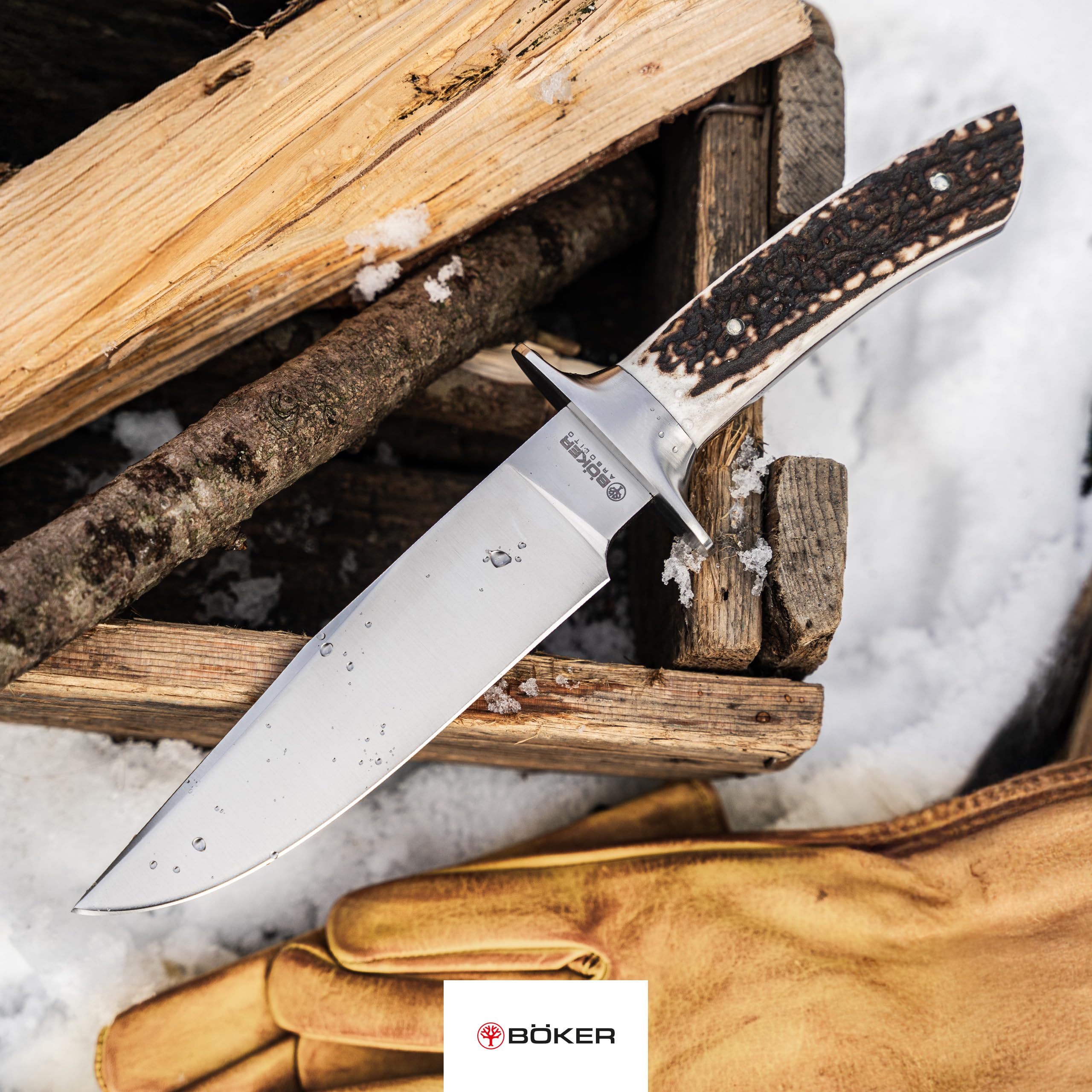 Böker ARGENTINIA® Torito HX - Outdoor Jagdmesser mit feststehender Klinge 16,2 cm - Fulltang Messer mit Hirschhorngriff echt - Hunting Knife mit Lederscheide braun - Survivalmesser mit Parierelement