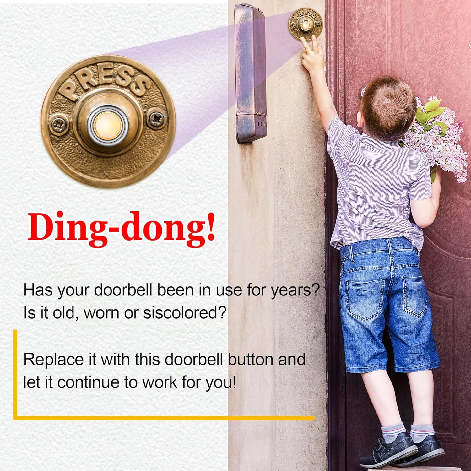 Dreyoo 2 Pack Lighted Doorbell Button Replacement, Easy to Install Wired Doorbell Button Push Door Bell Ringer Kit Round Rim with Lighted Center (Silver, Yellow Light)