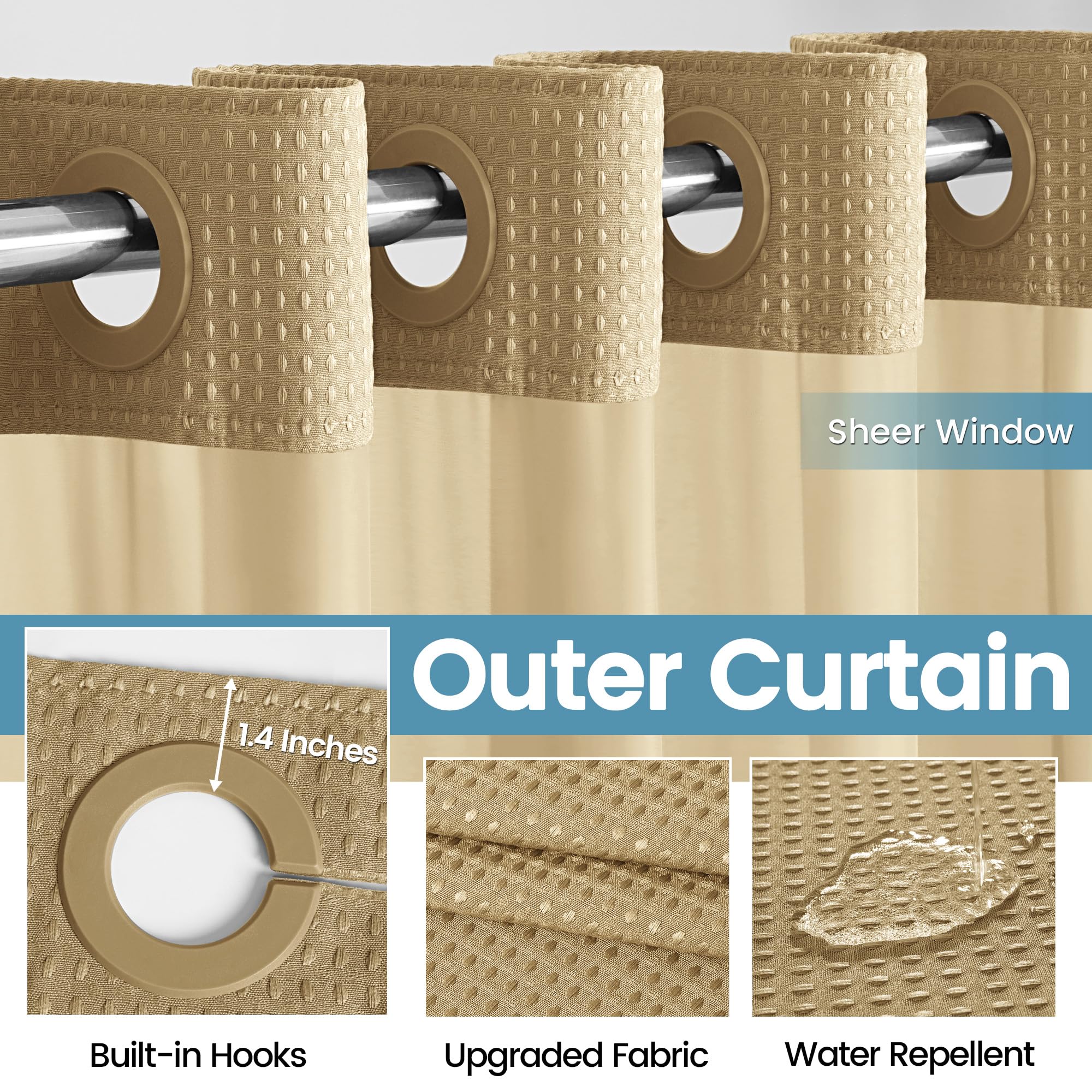 EUTXL Long Rideau de Douche Beige sans Crochet avec Doublure à Clipser, 230 g/m², Tissage gaufré pour Salle de Bain, 180 x 218 cm (l x H)