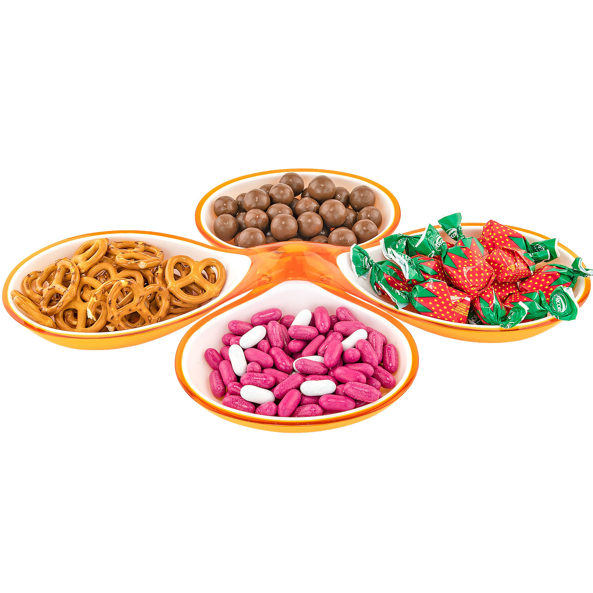 Southern HomewaresSH-10199 Candy Nuts Snacks Food Party Plate Dish 2 Piece Design 4 Compartments, Acrylic, Orange