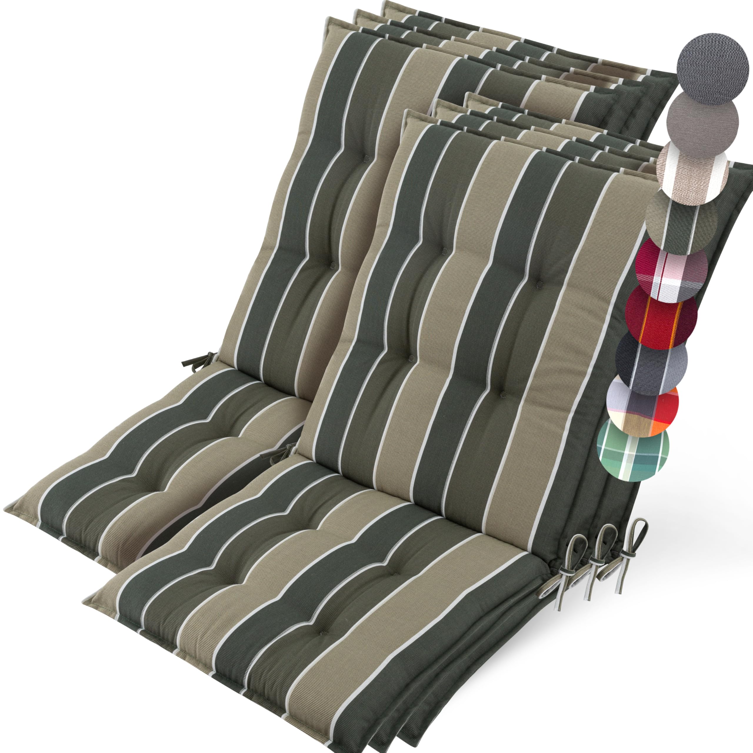 Beautissu Set of 6 Premium Outdoor Chair Cushion Low Back 100x50 cm - UV 8 cm Thick Padding Seat Cushions for Garden Chairs Non-Slip Fastening Straps - Green Striped - Sun-HL