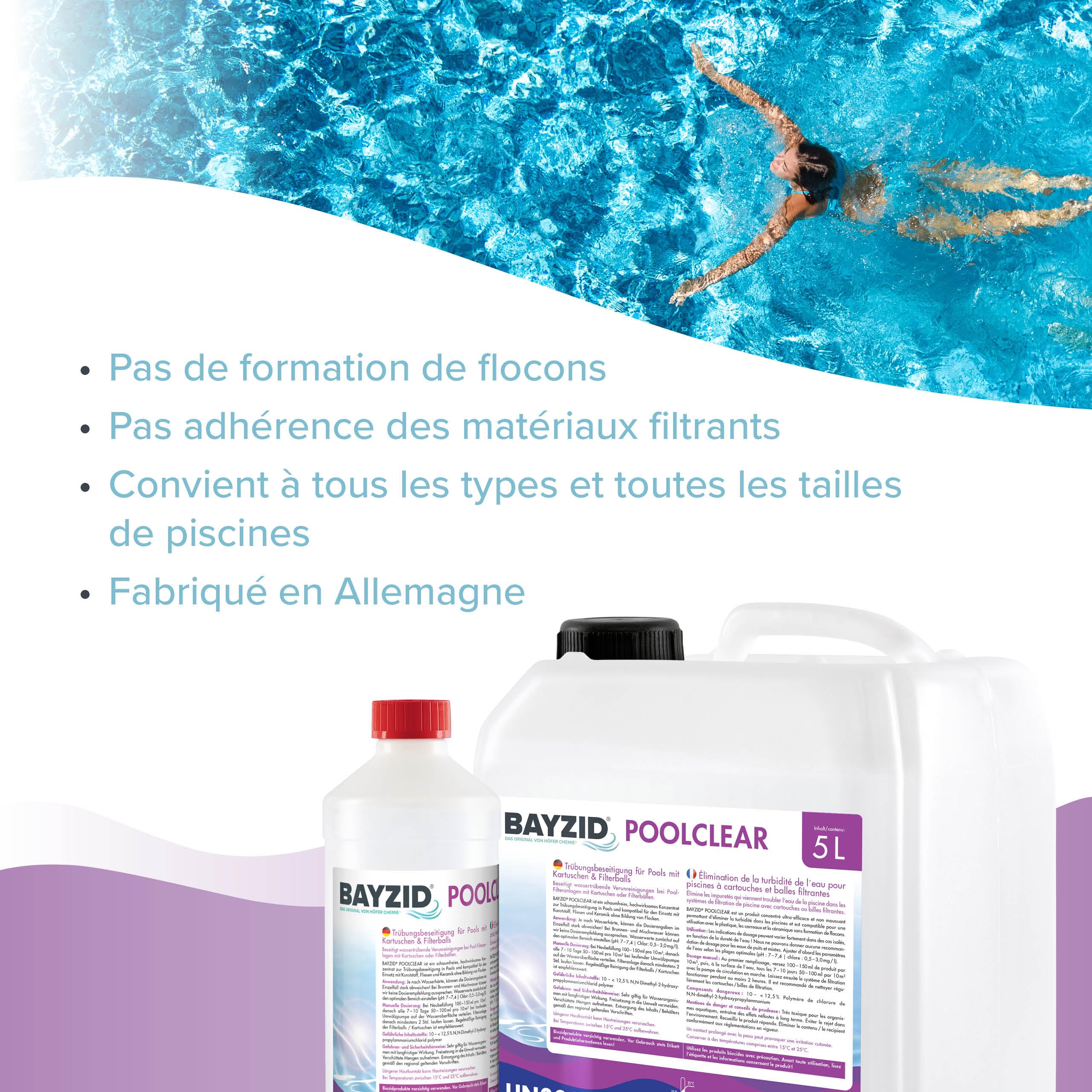 1 x 5 L BAYZID® Spa POOLCLEAR - Clarifiant Anti-Turbidité pour Spa et Petite Piscine - Compatible Filtres Cartouche et Boules Filtrantes - Élimine Algues et Bactéries pour Eau Cristalline